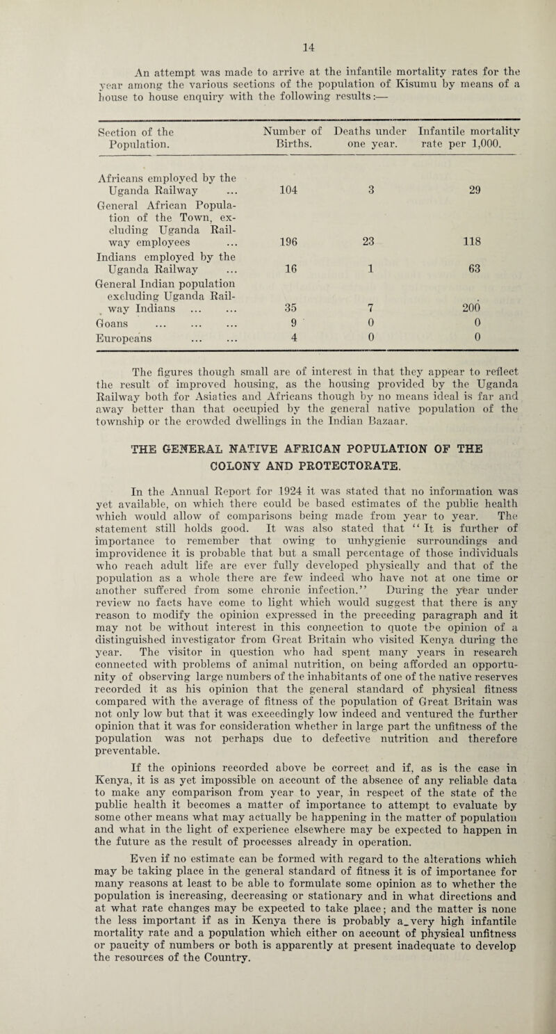 An attempt was made to arrive at the infantile mortality rates for the year among the various sections of the population of Kisumu by means of a house to house enquiry with the following results:— Section of the Population. Number of Births. Deaths under one year. Infantile mortality rate per 1,000. Africans employed by the Uganda Railway 104 3 29 General African Popula¬ tion of the Town, ex¬ cluding Uganda Rail¬ way employees 196 23 118 Indians employed by the Uganda Railway 16 1 63 General Indian population excluding Uganda Rail¬ way Indians 35 7 200 Goans 9 0 0 Europeans 4 0 0 The figures though small are of interest in that they appear to reflect the result of improved housing, as the housing provided by the Uganda Railway both for Asiatics and Africans though by no means ideal is far and away better than that occupied by the general native population of the township or the crowded dwellings in the Indian Bazaar. THE GENERAL NATIVE AFRICAN POPULATION OF THE COLONY AND PROTECTORATE. In the Annual Report for 1924 it was stated that no information was yet available, on which there could be based estimates of the public health which would allow of comparisons being made from year to year. The statement still holds good. It was also stated that “ It, is further of importance to remember that owing to unhygienic surroundings and improvidence it is probable that but a small percentage of those individuals who reach adult life are ever fully developed physically and that of the population as a whole there are few indeed who have not at one time or another suffered from some chronic infection.” During the year under review no facts have come to light which wTould suggest that there is any reason to modify the opinion expressed in the preceding paragraph and it may not be without interest in this connection to quote the opinion of a distinguished investigator from Great Britain who visited Kenya during the year. The visitor in question who had spent many years in research connected with problems of animal nutrition, on being afforded an opportu¬ nity of observing large numbers of the inhabitants of one of the native reserves recorded it as his opinion that the general standard of physical fitness compared with the average of fitness of the population of Great Britain was not only low but that, it was exceedingly low indeed and ventured the further opinion that it wras for consideration whether in large part the unfitness of the population was not perhaps due to defective nutrition and therefore preventable. If the opinions recorded above be correct and if, as is the case in Kenya, it is as yet impossible on account of the absence of any reliable data to make any comparison from year to year, in respect of the state of the public health it becomes a matter of importance to attempt to evaluate by some other means what may actually be happening in the matter of population and what in the light of experience elsewhere may be expected to happen in the future as the result of processes already in operation. Even if no estimate can be formed with regard to the alterations which may be taking place in the general standard of fitness it is of importance for many reasons at least to be able to formulate some opinion as to whether the population is increasing, decreasing or stationary and in what directions and at what rate changes may be expected to take place; and the matter is none the less important if as in Kenya there is probably a_very high infantile mortality rate and a population which either on account of physical unfitness or paucity of numbers or both is apparently at present inadequate to develop the resources of the Country.