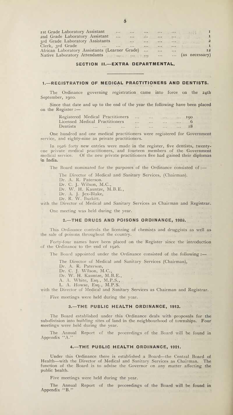 i st Grade Laboratory Assistant 2nd Grade Laboratory Assistant 3rd Grade Laboratory Assistants Clerk, 3rd Grade African Laboratory Assistants (Learner Grade) Native Laboratory Attendants 1 i- 2 1 12 (as necessary) SECTION II.—EXTRA DEPARTMENTAL, 1.—REGISTRATION OF MEDICAL PRACTITIONERS AND DENTISTS. The Ordinance governing registration came into force on the 24th September, 1910. Since that date and up to the end of the year the following have been placed on the Register :— Registered Medical Practitioners ... ... ... ... 190 Licensed Medical Practitioners ... ... ... ... 6 Dentists ... ... ... ... ... ... ... 18 One hundred and one medical practitioners were registered for Government service, and eighty-nine as private practitioners. In 1926 forty new entries were made in the register, five dentists, twenty- one private medical practitioners, and fourteen members of the Government medical service. Of the new private practitioners five had gained their diplomas in India. The Board nominated for the purposes of the Ordinance consisted of :— The Director of Medical and Sanitary Services, (Chairman). Dr. A. R. Paterson. Dr. C. J. Wilson, M.C., Dr. W. H. Kauntze, M.B.E., Dr. A. j. Jex-Blake, Dr. R. W. Burkitt. with the Director of Medical and Sanitary Services as Chairman and Registrar. One meeting was held during the year. 2.—THE DRUGS AND POISONS ORDINANCE, 1903. This Ordinance controls the licensing of chemists and druggists as well as the sale of poisons throughout the country. Forty-four names have been placed on the Register since the introduction of the Ordinance to the end of 1926. The Board appointed under the Ordinance consisted of the following :— The Director of Medical and Sanitary Services (Chairman), Dr. A. R. Paterson, Dr. C. J. Wilson, M.C., Dr. W. H. Kauntze, M.B.E., A. A. White, Esq., M.P.S., L. A. Howse, Esq., M.P.S. with the Director of Medical and Sanitary Services as Chairman and Registrar. Five meetings were held during the year. 3.—THE PUBLIC HEALTH ORDINANCE, 1913. The Board established under this Ordinance deals with proposals for the sub-division into building sites of land in the neighbourhood of townships. Four meetings were held during the year. 1 The Annual Report of the proceedings of the Board will be found in Appendix “A.” 4.—THE PUBLIC HEALTH ORDINANCE, 1921. Under this Ordinance there is established a Board—the Central Board of Health—with the Director of Medical and Sanitary Services as Chairman. The function of the Board is to advise the Governor on any matter affecting the public health. Five meetings were held during the year. The Annual Report of the proceedings of the Board will be found in Appendix “B.”