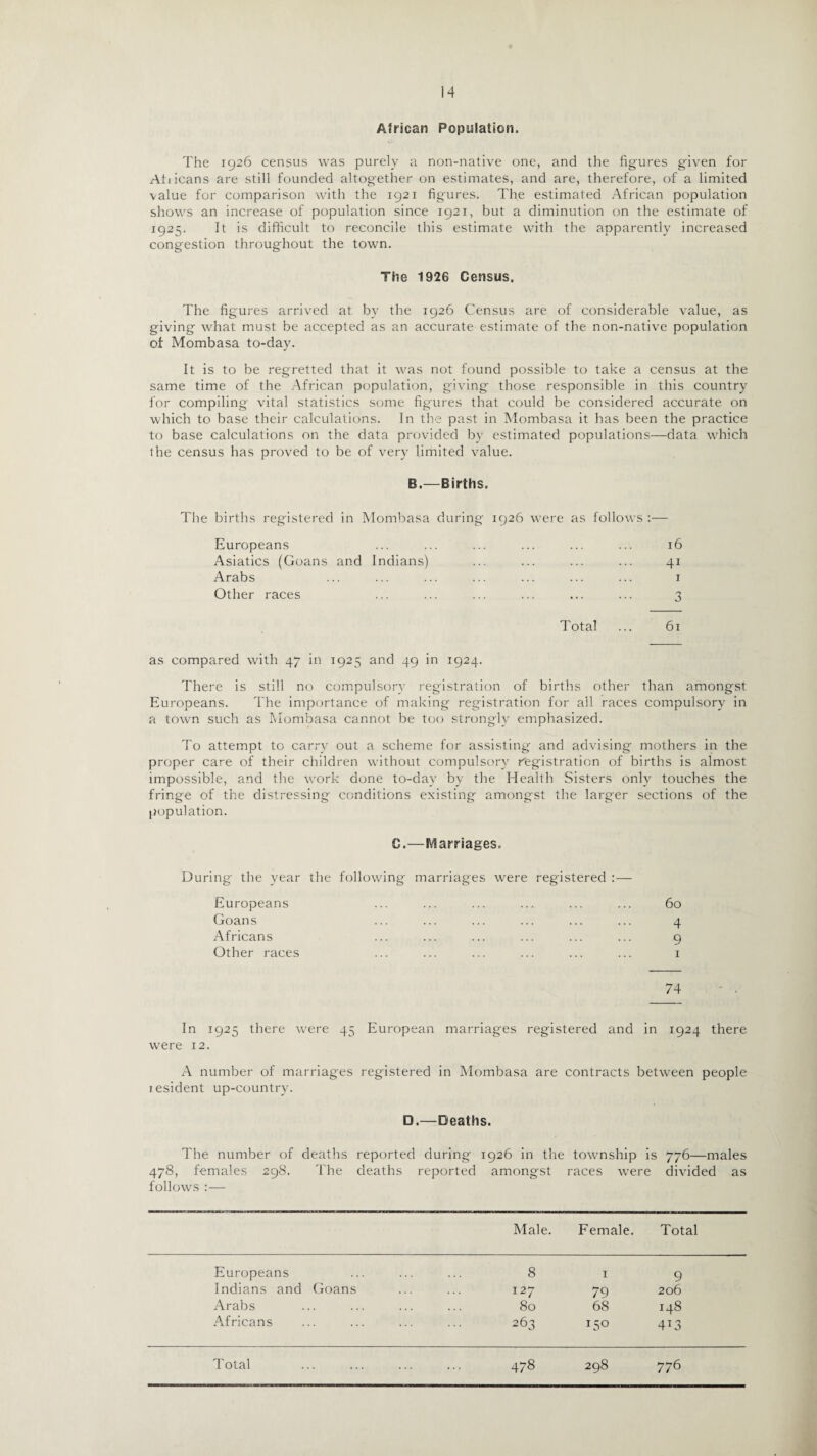 African Population. The 1926 census was purely a non-native one, and the figures given for Atiicans are still founded altogether on estimates, and are, therefore, of a limited value for comparison with the 1921 figures. The estimated African population shows an increase of population since 1921, but a diminution on the estimate of 1925. It is difficult to reconcile this estimate with the apparently increased congestion throughout the town. The 1926 Census. The figures arrived at by the 1926 Census are of considerable value, as giving what must be accepted as an accurate estimate of the non-native population of Mombasa to-day. It is to be regretted that it was not found possible to take a census at the same time of the African population, giving those responsible in this country for compiling vital statistics some figures that could be considered accurate on which to base their calculations. In the past in Mombasa it has been the practice to base calculations on the data provided by estimated populations—data which the census has proved to be of very limited value. B.—Births. The births registered in Mombasa during 1926 were as follows :— Europeans ... ... ... ... ... ... 16 Asiatics (Goans and Indians) ... ... ... ... 41 Arabs ... ... ... ... ... ... ... 1 Other races ... ... ... ... ... ... 3 Total ... 61 as compared with 47 in 1925 and 49 in 1924. There is still no compulsory registration of births other than amongst Europeans. The importance of making registration for all races compulsory in a town such as Mombasa cannot be too strongly emphasized. To attempt to carry out a scheme for assisting and advising mothers in the proper care of their children without compulsory registration of births is almost impossible, and the work done to-day by the Health Sisters only touches the fringe of the distressing conditions existing amongst the larger sections of the population. C.—Marriages. During the year the following marriages were registered :— Europeans Goans Africans Other races 60 4 9 74 In 1925 there were 45 European marriages registered and in 1924 there were 12. A number of marriages registered in Mombasa are contracts between people lesident up-country. D.—Deaths. The number of deaths reported during 1926 in the township is 776—males 478, females 298. The deaths reported amongst races were divided as follows :— Male. Female. Total Europeans 8 1 9 Indians and Goans 127 79 206 Arabs 80 68 148 Africans !5° 4i3 Total 478 298 77 6