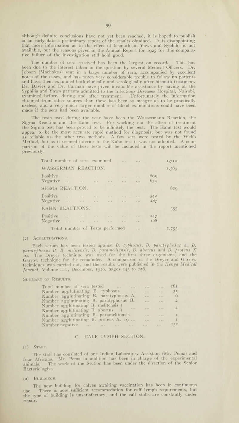 although definite conclusions have not yet been reached, it is hoped to publish ar an early date a preliminary report of the results obtained. It is disappointing that more information as to the effect of bismuth on Yaws and Syphilis is not available, but the reasons given in the Annual Report for 1925 for this compara¬ tive failure of the investigation still hold good. The number of sera received has been the largest on record. This has been due to the interest taken in the question by several Medical Officers. Dr. Jobson (Machakos) sent in a large number of sera, accompanied by excellent notes of the cases, and has taken very considerable trouble to follow up patients and have them examined both clinically and serologically after bismuth treatment. Dr. Davies and Dr. Carman have given invaluable assistance by having all the Syphilis and Yaws patients admitted to the Infectious Diseases Hospital, Nairobi, examined before, during and after treatment. Unfortunately the information obtained from other sources than these has been so meagre as to be practically useless, and a very much larger number of blood examinations could have been made if the sera had been available. The tests used during the year have been the Wassermann Reaction, the Sigma Reaction and the Kahn test. For working out the effect of treatment the Sigma test has been proved to be infinitely the best. The Kahn test would appear to be the most accurate rapid method for diagnosis, but was not found as reliable as the other two methods. A few sera were tested by the Webb Method, but as it seemed inferior to the Kahn test it was not adopted. A com¬ parison of the value of these tests will be included in the report mentioned previously. Total number of sera examined •• i,710 WASSERMAN REACTION. 1 >569 Positive 695 Negative 674 SIGMA REACTION. 829 Positive 542 Negative 287 KAHN REACTIONS. 355 Positive 247 Negative 108 Total number of Tests performed = 2,753 (2) Agglutinations. Each serum has been tested against B. typhosus, B. paratyphosus A, B. paratyphosus B, B. melitensis, B. paramelitensis, B. abortus and B. proteus X 19. The Dreyer technique was used for the first three organisms, and the Harrow technique for the remainder. A comparison of the Dreyer and Harrow techniques was carried out, and the results were published in the Kenya Medical Journal, Volume III., December, 1926, pages 245 to 256. Summary of Results. Total number of sera tested Number agglutinating B. typhosus Number agglutinating B. paratyphosus A. Number agglutinating B. paratyphosus B. Number agglutinating B, melitensis ) Number agglutinating B. abortus ) Number agglutinating B. paramelitonsis Number agglutinating B. proteus X. 19 ... Number negative 181 35 6 2 4 1 1 1 d2 C. CALF LYMPH SECTION. (1) Staff. The staff has consisted of one Indian Laboratory Assistant (Mr. Pema) and four Africans. Mr. Pema in addition has been in charge of the experimental animals. The work of the Section has been under the direction of the Senior Bacteriologist. (2) Buildings. The new building for calves awaiting vaccination has been in continuous use. There is now sufficient accommodation for calf lymph requirements, but the tvpe of building is unsatisfactory, and the calf stalls are constantly under repair.