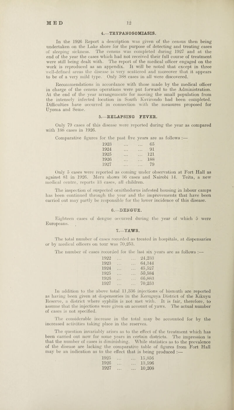 4.—TRYPANOSOMIASIS. In the 1926 Report a description was given of the census then being undertaken on the Lake shore for the purpose of detecting and treating cases of sleeping sickness. The census was completed during 1927 and at the end of the year the cases which had not received their full course of treatment were still being dealt with. The report of the medical officer engaged on the work is reproduced as an appendix. It will be noted that except in three well-defined areas the disease is very scattered and moreover that it appears to be of a very mild type. Only 388 cases in all were discovered. Recommendations in accordance with those made by the medical officer in charge of the census operations were put forward to the Administration. At the end of the year arrangements for moving the small population from the intensely infected location in South Kavirondo had been completed. Difficulties have occurred in connection with the measures proposed for Uyoma and Seme. 5.—RELAPSING FEVER. Only 79 cases of this disease were reported during the year as compared with 188 cases in 1926. Comparative figures for the past five years are as follows :— 1923 65 1924 91 1925 121 1926 188 1927 79 Only 5 cases were reported as coming under observation at Fort Hall as against 81 in 1926. Meru shows 36 cases and Nairobi 14. Teita, a new medical centre, reports 13 cases, all children. The inspection of suspected ornithodorus infested housing in labour camps has been continued through the year and the improvements that have been carried out may partly be responsible for the lower incidence of this disease. 6.—DENGUE. Eighteen cases of dengue occurred during the year of which 5 were Europeans. 7.—YAWS. The total number of cases recorded as treated in hospitals, at dispensaries or by medical officers on tour was 70,253. The number of cases recorded for the last six years are as follows 1922 ... ... 24,233 1923 ... ... 64,344 1924 ... ... 45,527 1925 ... ... 50,584 1926 ... ... 66,883 1927 ... ... 70,253 In addition to the above total 11,336 injections of bismuth are reported as having been given at dispensaries in the Keruguya District of the Kikuyu Reserve, a district where syphilis is not met with. It is fair, therefore, to assume that the injections were given on account of yawrs. The actual number of cases is not specified. The considerable increase in the total may be accounted for by the increased activities taking place in the reserves. The question invariably arises as to the effect of the treatment which has been carried out now for some years in certain districts. The impression is that the number of cases is diminishing. While statistics as to the prevalence of the disease are lacking the comparative table of figures from Fort Hall may be an indication as to the effect that is being produced :— 1925 15,856 1926 13,596 1927 10,208