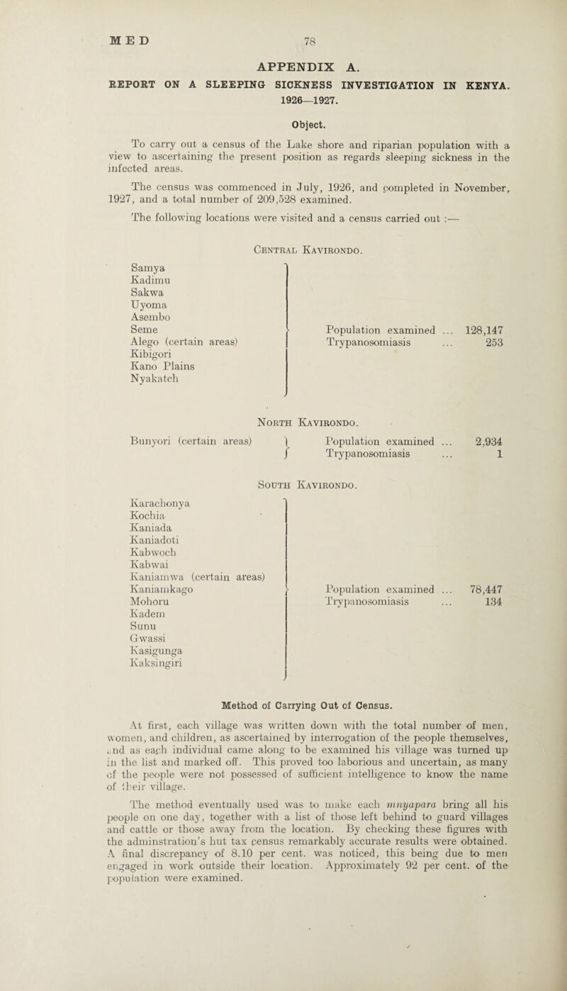 APPENDIX A. REPORT ON A SLEEPING SICKNESS INVESTIGATION IN KENYA. 1926—1927. Object. To carry out a census of the Lake shore and riparian population with a view to ascertaining the present position as regards sleeping sickness in the infected areas. The census was commenced in July, 1926, and completed in November, 1927, and a total number of 209,528 examined. The following locations were visited and a census carried out :— Central Kavirondo. Samya Kadimu Sakwa Uyoma. Asembo Seme Alego (certain areas) Kibigori Kano Plains Nyakatch Population examined Trypanosomiasis 128,147 253 North Kavirondo. Bunyori (certain areas) \ Population examined ... 2,934 f Trypanosomiasis ... 1 South Kavirondo. Karachonya Kochia Kaniada Kaniadoti Kabwoch Kabwai Kaniamwa (certain areas) Kaniamkago Mohoru Kadem Sunu Gwassi Ivasigunga Kaksingiri Population examined ... Trypanosomiasis 78,447 134 Method of Carrying Out of Census. At first, each village was written down with the total number of men, women, and children, as ascertained by interrogation of the people themselves, mid as each individual came along to be examined his village was turned up in the list and marked off. This proved too laborious and uncertain, as many of the people were not possessed of sufficient intelligence to know the name of their village. The method eventually used was to make each mnyapara bring all his people on one day, together with a list of those left behind to guard villages and cattle or those away from the location. By checking these figures with the adminstration’s hut tax census remarkably accurate results were obtained. A final discrepancy of 8.10 per cent, was noticed, this being due to men engaged in work outside their location. Approximately 92 per cent, of the population were examined.