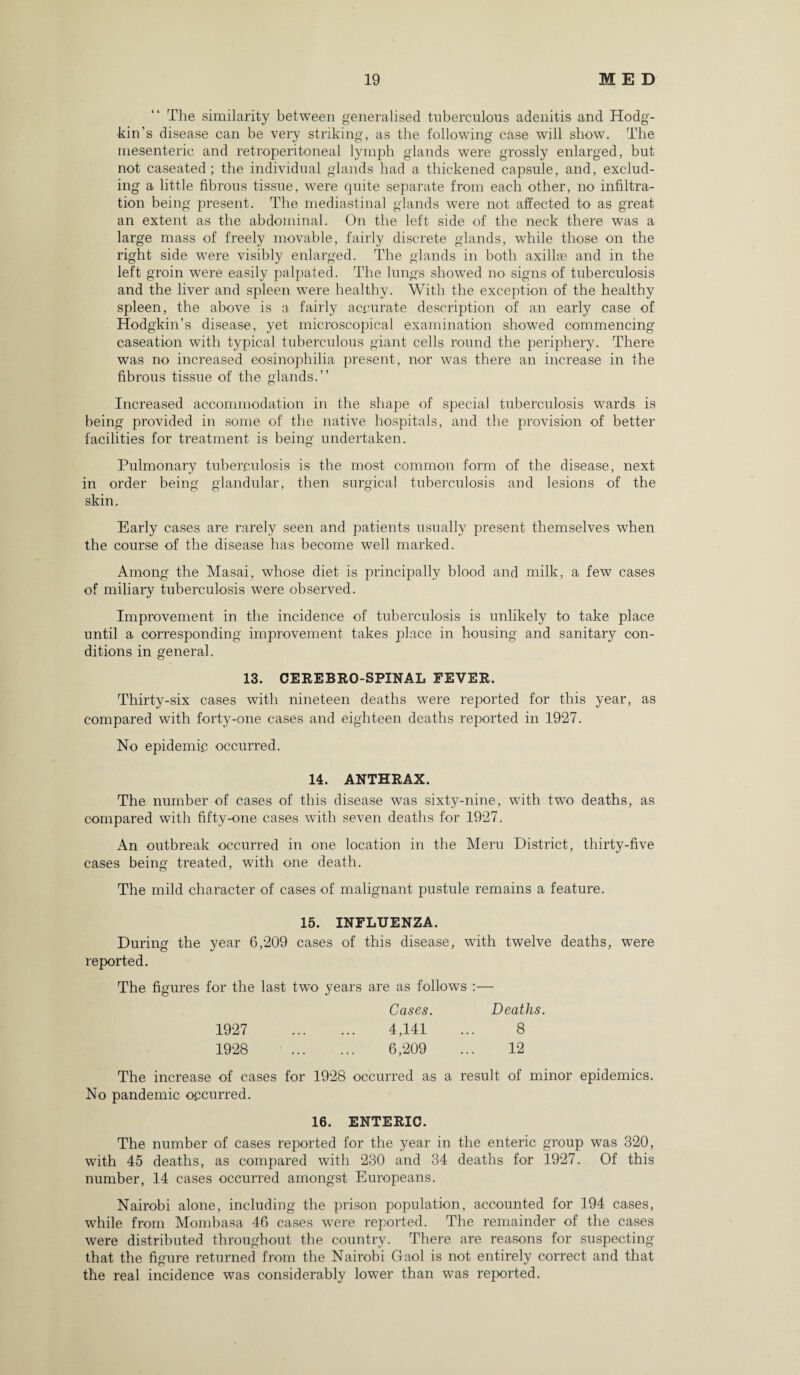 The similarity between generalised tuberculous adenitis and Hodg¬ kin’s disease can be very striking, as the following case will show. The mesenteric and retroperitoneal lymph glands were grossly enlarged, but not caseated ; the individual glands had a thickened capsule, and, exclud¬ ing a little fibrous tissue, were quite separate from each other, no infiltra¬ tion being present. The mediastinal glands were not affected to as great an extent as the abdominal. On the left side of the neck there was a large mass of freely movable, fairly discrete glands, while those on the right side were visibly enlarged. The glands in both axillae and in the left groin were easily palpated. The lungs showed no signs of tuberculosis and the liver and spleen were healthy. With the exception of the healthy spleen, the above is a fairly accurate description of an early case of Hodgkin’s disease, yet microscopical examination showed commencing caseation with typical tuberculous giant cells round the periphery. There was no increased eosinophilia present, nor was there an increase in the fibrous tissue of the glands.” Increased accommodation in the shape of special tuberculosis wards is being provided in some of the native hospitals, and the provision of better facilities for treatment is being undertaken. Pulmonary tuberculosis is the most common form of the disease, next in order being glandular, then surgical tuberculosis and lesions of the skin. Early cases are rarely seen and patients usually present themselves when the course of the disease has become well marked. Among the Masai, whose diet is principally blood and milk, a few cases of miliary tuberculosis were observed. Improvement in the incidence of tuberculosis is unlikely to take place until a corresponding improvement takes place in housing and sanitary con¬ ditions in general. 13. CEREBRO-SPINAL FEVER. Thirty-six cases with nineteen deaths were reported for this year, as compared with forty-one cases and eighteen deaths reported in 1927. No epidemic occurred. 14. ANTHRAX. The number of cases of this disease was sixty-nine, with two deaths, as compared with fifty-one cases with seven deaths for 1927. An outbreak occurred in one location in the Meru District, thirty-five cases being treated, with one death. The mild character of cases of malignant pustule remains a feature. 15. INFLUENZA. During the year 6,209 cases of this disease, with twelve deaths, were reported. The figures for the last two years are as follows :— Cases. Deaths. 1927 . 4,141 ... 8 1928 . 6,209 ... 12 The increase of cases for 1928 occurred as a result of minor epidemics. No pandemic occurred. 16. ENTERIC. The number of cases reported for the year in the enteric group was 320, with 45 deaths, as compared with 230 and 34 deaths for 1927. Of this number, 14 cases occurred amongst Europeans. Nairobi alone, including the prison population, accounted for 194 cases, while from Momhasa 46 cases were reported. The remainder of the cases were distributed throughout the country. There are reasons for suspecting that the figure returned from the Nairobi Gaol is not entirely correct and that the real incidence was considerably lower than was reported.
