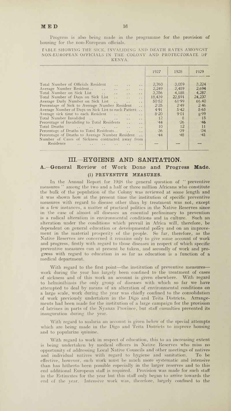 Progress is also being made in the programme for the provision of housing for the non-European officials. r ABLE SHOWING THE SICK, INVALIDING AND DEATH RATES AMONGST NON-EUROPEAN OFFICIALS IN THE COLONY AND PROTECTORATE OF KENYA. 1927 1928 1929 Total Number of Officials Resident 2,760 3,059 3,224 Average Number Resident.. 2,249 2,489 2,694 Total Number on Sick List 3,756 4,188 4,287 Total Number of Days on Sick List 18,439 22,591 24,237 Average Daily Number on Sick List 50-52 6L99 66.40 Percentage of Sick to Average Number Resident 2-25 2-49 2 46 Average Number of Days on Sick List to each Patient . . 4-91 5-42 5 65 Average sick time to each Resident 8-20 901 8-99 Total Number Invalided 12 8 15 Percentage of Invaliding to Total Residents •44 •26 •46 Total Deaths 10 12 11 Percentage of Deaths to Total Residents. . -36 •39 •34 Percentage of Deaths to Average Number Resident •44 •48 •41 Number of Cases of Sickness contracted away from Residence — '  III.—HYGIENE AND SANITATION. A.—General Review of Work Done and Progress Made. (1) PREVENTIVE MEASURES. In the Annual Report for 1928 the general question of “ preventive measures ” among the two and a half or three million Africans who constitute the bulk of the population of the Colony was reviewed at some length and it was shown how at the present time the institution of specific preventive measures with regard to disease other than by treatment was not, except in a few instances, a matter of practical politics in the Native Reserves since in the case of almost all diseases an essential preliminary to prevention is a radical alteration in environmental conditions and in culture. Such an alteration under the conditions which prevail in Africa will, therefore, be dependent on general education or developmental policy and on an improve¬ ment in the material prosperity of the people. So far, therefore, as the Native Reserves are concerned it remains only to give some account of work and progress, firstly with regard to those diseases in respect of which specific preventive measures can at present be taken, and secondly of work and pro¬ gness with regard to education in so far as education is a function of a medical department. With regard to the first point—-the institution of preventive measures— work during the year has largely been confined to the treatment of cases of sickness and of this work an account is given elsewhere. With regard to helminthiasis the only group of diseases with which so far we have attempted to deal by means of an alteration of environmental conditions on a large scale, wTork during the year was chiefly confined to the consolidation of work previously undertaken in the Digo and Teita Districts. Arrange¬ ments had been made for the institution of a large campaign for the provision of latrines in parts of the Nyanza Province, but staff casualties prevented its inauguration during the year. With regard to malaria an account is given below of the special attempts which are being made in the Digo and Teita Districts to improve housing and to popularize quinine. With regard to work in respect of education, this to an increasing extent is being undertaken by medical officers in Native Reserves who miss no opportunity of addressing Local Native Councils and other meetings of natives and individual natives with regard to hygiene and sanitation. To be effective, however, such work must be much more systematic and intensive than has hitherto been possible especially in the larger reserves and to this end additional European staff is required. Provision was made for such staff in the Estimates for the year but this staff only began to arrive towards the end of the year. Intensive work was, therefore, largely confined to the