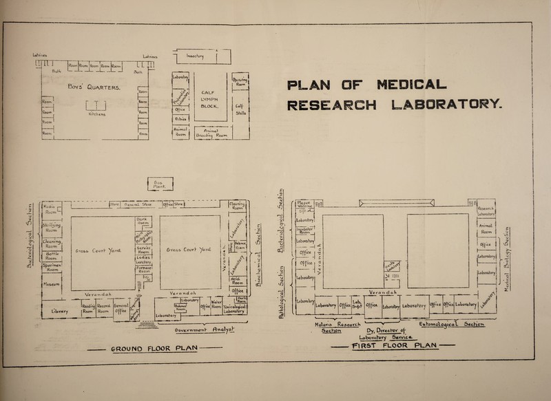 nes Ual'rines Tin- BaHi -1 Ream Room l Room l R OOTTl JL i i—r—i— I Room} Room 'Room .Room I-L. J_L_ _ Room Bovs Quarters. KiVch ens Bo I K Room Room Room ’ Room Room tarn -L 1 1 1 Labofahrfy! ( —r^n //I A j?' i *L£ t ; Office ! — Rabies 1 T ,2 i  t firmncil | Room 1 CALF 1 ■ i 1 Obcrutoiqj Room f _! LYMPH • BLOCK. 1 Calf‘ , ShilU i Pi r» iTfwiI Breed Room j GROUND FLOOR PLAN R^holoqteal Scchon .Back Viol PLAN OF MEDICAL RESEARCH LABORATORY. P . « -L $ VO Q r | Plague Voceine U[kTCI tobortihjyy ] 7t Incubatar Room j Laborataoj !__j •“£ - c? Office | -0 Office a i Laboriahny >* LI > £ <^>A _ M Mill ] 3 Si Reseafch Laboratory! Vera cl a K _| UboYC^Cfj LoboYctary Office tflb, Sof^ Office. IflboYafery Lab crater y Office Office 1 Laboratory xf A* V°“ U. ■ —--- At Malaga Rfe^eovcb v~ SectaCm Dy; DiVechOY oj~ E~n VomoXo 01 cal- Aect~\cv> Labovahofy SevvuKL FIRST FLOOR PLAN