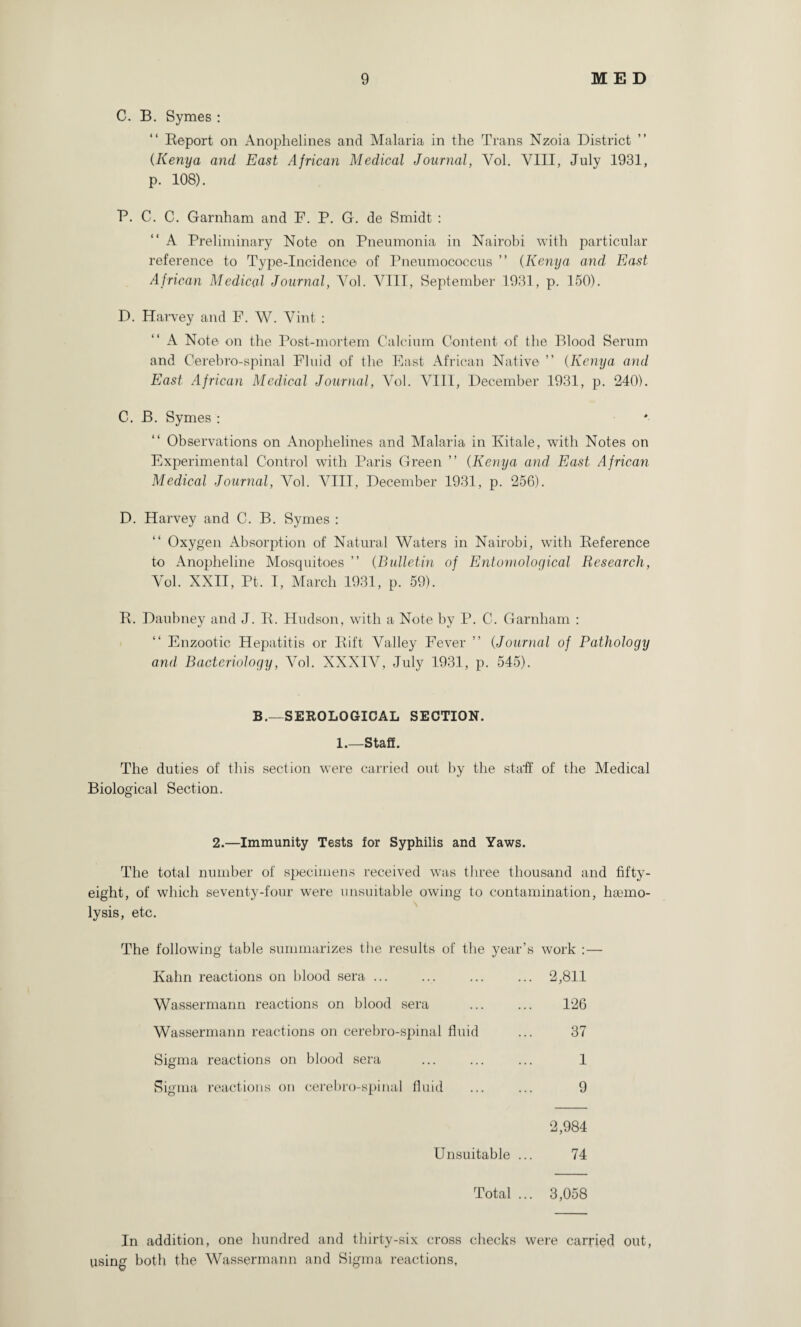 C. B. Symes : Report on Anophelines and Malaria in the Trans Nzoia District (Kenya and East African Medical Journal, Yol. VIII, July 1931, p. 108). R. C. C. Garnham and F. P. G. de Smidt : A Preliminary Note on Pneumonia in Nairobi with particular reference to Type-Incidence of Pneumococcus ” (Kenya and East African Medical Journal, Yol. VIII, September 1931, p. 150). D. Harvey and F. W. Vint : A Note on the Post-mortem Calcium Content of the Blood Serum and Cerebro-spinal Fluid of the East African Native ” (Kenya and East. African Medical Journal, Vol. VIII, December 1931, p. 240). C. B. Symes : Observations on Anophelines and Malaria in Kitale, with Notes on Experimental Control with Paris Green ” (Kenya and East African Medical Journal, Vol. VIII, December 1931, p. 256). D. Harvey and C. B. Symes : Oxygen Absorption of Natural Waters in Nairobi, with Reference to Anoplieline Mosquitoes ” (Bulletin of Entomological Research, Vol. XXII, Pt, I, March 1931, p. 59). R. Daubney and J. R. Hudson, with a Note by P. C. Garnham : “ Enzootic Hepatitis or Rift Valley Fever ” (Journal of Pathology arid Bacteriology, Vol. XXXIV, July 1931, p. 545). B.—SEROLOGICAL SECTION. 1.—Staff. The duties of this section were carried out by the staff of the Medical Biological Section. 2.—Immunity Tests for Syphilis and Yaws. The total number of specimens received was three thousand and fifty- eight, of which seventy-four were unsuitable owing to contamination, haemo¬ lysis, etc. The following table summarizes the results of the year’s work :— Kahn reactions on blood sera ... ... ... ... 2,811 Wassermann reactions on blood sera . 126 Wassermann reactions on cerebro-spinal fluid ... 37 Sigma reactions on blood sera ... ... ... 1 Sigma reactions on cerebro-spinal fluid ... ... 9 2,984 Unsuitable ... 74 Total ... 3,058 In addition, one hundred and thirty-six cross checks were carried out, using both the Wassermann and Sigma reactions,