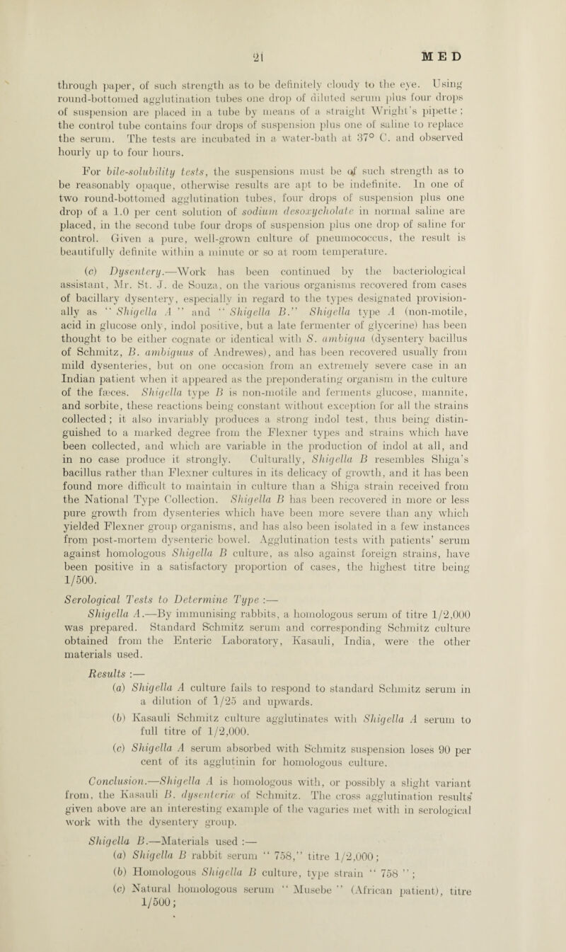 through paper, of such strength as to be definitely cloudy to the eye. Using round-bottomed agglutination tubes one drop of diluted serum plus four drops of suspension are placed in a tube by means of a straight Wright s pipette ; the control tube contains four drops of suspension plus one of saline to replace the serum. The tests are incubated in a water-bath at 37° C. and observed hourly up to four hours. For bile-solubility tests, the suspensions must be uj’ such strength as to be reasonably opaque, otherwise results are apt to be indefinite. In one of two round-bottomed agglutination tubes, four drops of suspension plus one drop of a 1.0 per cent solution of sodium desoxycholate in normal saline are placed, in the second tube four drops of suspension plus one drop of saline for control. Given a pure, well-grown culture of pneumococcus, the result is beautifully definite within a minute or so at room temperature. (c) Dysentery.—Work has been continued by the bacteriological assistant, Mr. St. J. de Souza, on the various organisms recovered from cases of bacillary dysentery, especially in regard to the types designated provision¬ ally as “ Shigella A ” and “ Shigella B.” Shigella type A (non-motile, acid in glucose only, indol positive, but a late fermenter of glycerine) has been thought to be either cognate or identical with S. ambigua (dysentery bacillus of Schmitz, B. ambiguus of Andrewes), and has been recovered usually from mild dysenteries, but on one occasion from an extremely severe case in an Indian patient when it appeared as the preponderating organism in the culture of the faeces. Shigella type B is non-motile and ferments glucose, mannite, and sorbite, these reactions being constant without exception for all the strains collected; it also invariably produces a strong indol test, thus being distin¬ guished to a marked degree from the Flexner types and strains which have been collected, and which are variable in the production of indol at all, and in no case produce it strongly. Culturally, Shigella B resembles Shiga’s bacillus rather than Flexner cultures in its delicacy of growth, and it has been found more difficult to maintain in culture than a Shiga strain received from the National Type Collection. Shigella B has been recovered in more or less pure growth from dysenteries which have been more severe than any which yielded Flexner group organisms, and has also been isolated in a few instances from post-mortem dysenteric bowel. Agglutination tests with patients’ serum against homologous Shigella B culture, as also against foreign strains, have been positive in a satisfactory proportion of cases, the highest titre being 1/500. Serological Tests to Determine Type :— Shigella A.—By immunising rabbits, a homologous serum of titre 1/2,000 was prepared. Standard Schmitz serum and corresponding Schmitz culture obtained from the Enteric Laboratory, Kasauli, India, were the other materials used. Results :— (a) Shigella A culture fails to respond to standard Schmitz serum in a dilution of 1/25 and upwards. (b) Kasauli Schmitz culture agglutinates with Shigella A serum to full titre of 1/2,000. (c) Shigella A serum absorbed with Schmitz suspension loses 90 per cent of its agglutinin for homologous culture. Conclusion.—Shigella A is homologous with, or possibly a slight variant from, the Kasauli B. dysenterue of Schmitz. The cross agglutination results given above are an interesting example of the vagaries met with in serological work with the dysentery group. Shigella B.—Materials used :— (a) Shigella B rabbit serum “ 758,” titre 1/2,000; (b) Homologous Shigella B culture, type strain “ 758 ”; (c) Natural homologous serum “ Musebe ” (African patient), titre 1/500;