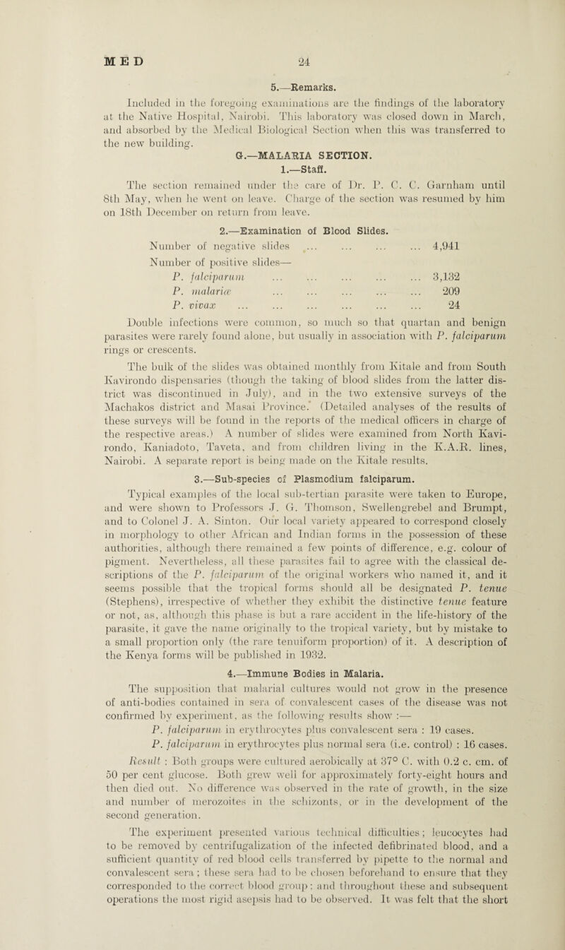 5.—Kemarks. Included in the foregoing examinations are the findings of the laboratory at the Native Hospital, Nairobi. This laboratory was closed down in March, and absorbed by the Medical Biological Section when this was transferred to the new building. G.—MALAEIA SECTION. 1.—Staff. The section remained under the care of Dr. P. C. C. Garnham until 8tli May, when he went on leave. Charge of the section was resumed by him on 18th December on return from leave. 2.—Examination of Blood Slides. Number of negative slides . 4,941 Number of positive slides— P. falciparum . 3,132 P. malaria . 209 P. vivax . 24 Double infections were common, so much so that quartan and benign parasites were rarely found alone, but usually in association with P. falciparum rings or crescents. The bulk of the slides was obtained monthly from lvitale and from South Kavirondo dispensaries (though the taking of blood slides from the latter dis¬ trict was discontinued in July), and in the two extensive surveys of the Machakos district and Masai Province.* (Detailed analyses of the results of these surveys will be found in the reports of the medical officers in charge of the respective areas.) A number of slides were examined from North Kavi- rondo, Kaniadoto, Taveta, and from children living in the Iv.A.R. lines, Nairobi. A separate report is being made on the Kitale results. 3.—Sub-species of Plasmodium falciparum. Typical examples of the local sub-tertian parasite were taken to Europe, and were shown to Professors J. G. Thomson, Swellengrebel and Brumpt, and to Colonel J. A. Sinton. Our local variety appeared to correspond closely in morphology to other African and Indian forms in the possession of these authorities, although there remained a few points of difference, e.g. colour of pigment. Nevertheless, all these parasites fail to agree with the classical de¬ scriptions of the P. falciparum of the original workers who named it, and it seems possible that the tropical forms should all be designated P. tenue (Stephens), irrespective of whether they exhibit the distinctive tenue feature or not, as, although this phase is but a rare accident in the life-history of the parasite, it gave the name originally to the tropical variety, but by mistake to a small proportion only (the rare tenuiform proportion) of it. A description of the Kenya forms will be published in 1932. 4.—Immune Bodies in Malaria. The supposition that malarial cultures would not grow in the presence of anti-bodies contained in sera of convalescent cases of the disease was not confirmed by experiment, as the following results show :— P. falciparum in erythrocytes plus convalescent sera : 19 cases. P. falciparum in erythrocytes plus normal sera (i.e. control) : 16 cases. Result : Both groups were cultured aerobically at 37° C. with 0.2 c. cm. of 50 per cent glucose. Both grew well for approximately forty-eight hours and then died out. No difference was observed in the rate of growth, in the size and number of merozoites in the schizonts, or in the development of the second generation. The experiment presented various technical difficulties; leucocytes had to be removed by centrifugalization of the infected defibrinated blood, and a sufficient quantity of red blood cells transferred bv pipette to the normal and convalescent sera; these sera had to be chosen beforehand to ensure that they corresponded to the correct blood group; and throughout these and subsequent operations the most rigid asepsis had to be observed. It was felt that the short