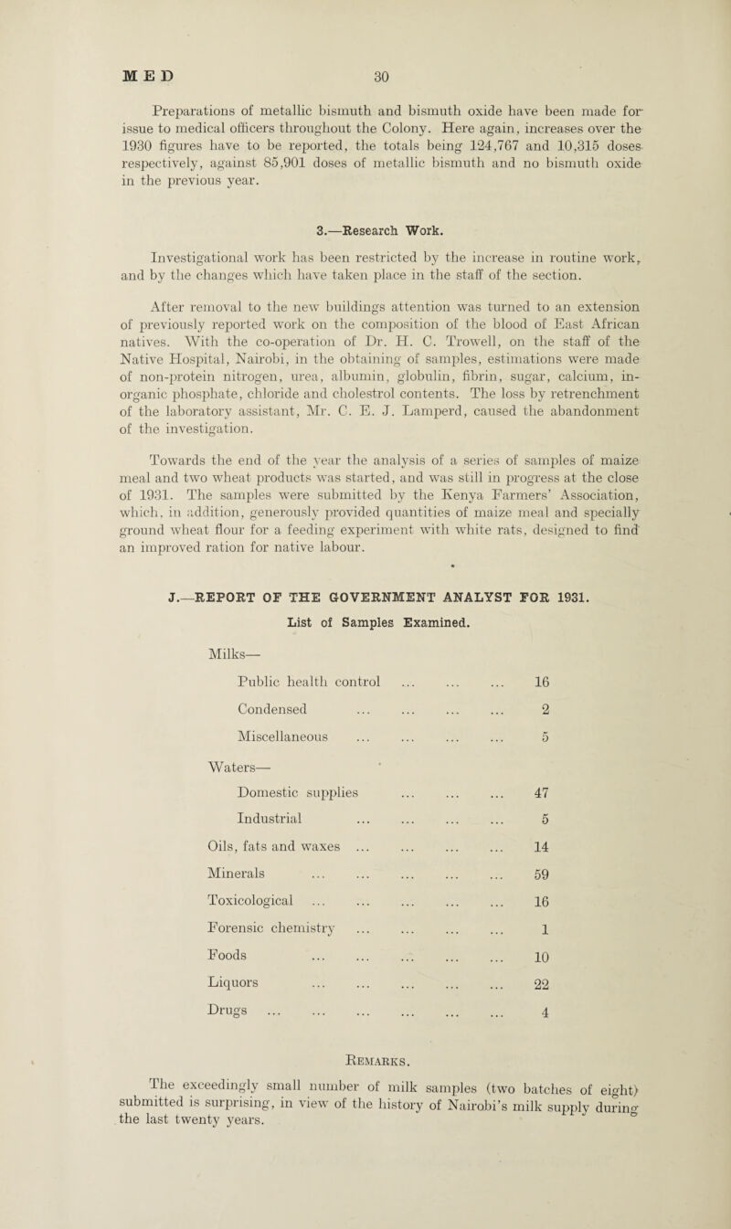 Preparations of metallic bismuth and bismuth oxide have been made for issue to medical officers throughout the Colony. Here again, increases over the 1930 figures have to be reported, the totals being 124,767 and 10,315 doses respectively, against 85,901 doses of metallic bismuth and no bismuth oxide in the previous year. 3.—Research Work. Investigational work has been restricted by the increase in routine work,, and by the changes which have taken place in the staff of the section. After removal to the new buildings attention was turned to an extension of previously reported work on the composition of the blood of East African natives. With the co-operation of Dr. H. C. Trowell, on the staff of the Native Plospital, Nairobi, in the obtaining of samples, estimations were made of non-protein nitrogen, urea, albumin, globulin, fibrin, sugar, calcium, in¬ organic phosphate, chloride and cholestrol contents. The loss by retrenchment of the laboratory assistant, Mr. C. E. J. Lamperd, caused the abandonment of the investigation. Towards the end of the year the analysis of a series of samples of maize meal and two wheat products was started, and was still in progress at the close of 1931. The samples were submitted by the Kenya Farmers’ Association, which, in addition, generously j>rovided quantities of maize meal and specially ground wheat flour for a feeding experiment with white rats, designed to find an improved ration for native labour. J.—REPORT OF THE GOVERNMENT ANALYST FOR 1931. List of Samples Examined. Milks— Public health control Condensed Miscellaneous Waters— Domestic supplies Industrial Oils, fats and waxes ... Minerals Toxicological Forensic chemistry Foods Liquors Drugs 16 2 47 5 14 59 16 1 10 22 4 Remarks. The exceedingly small number of milk samples (two batches of eight) submitted is surprising, in view of the history of Nairobi’s milk supply during the last twenty years.