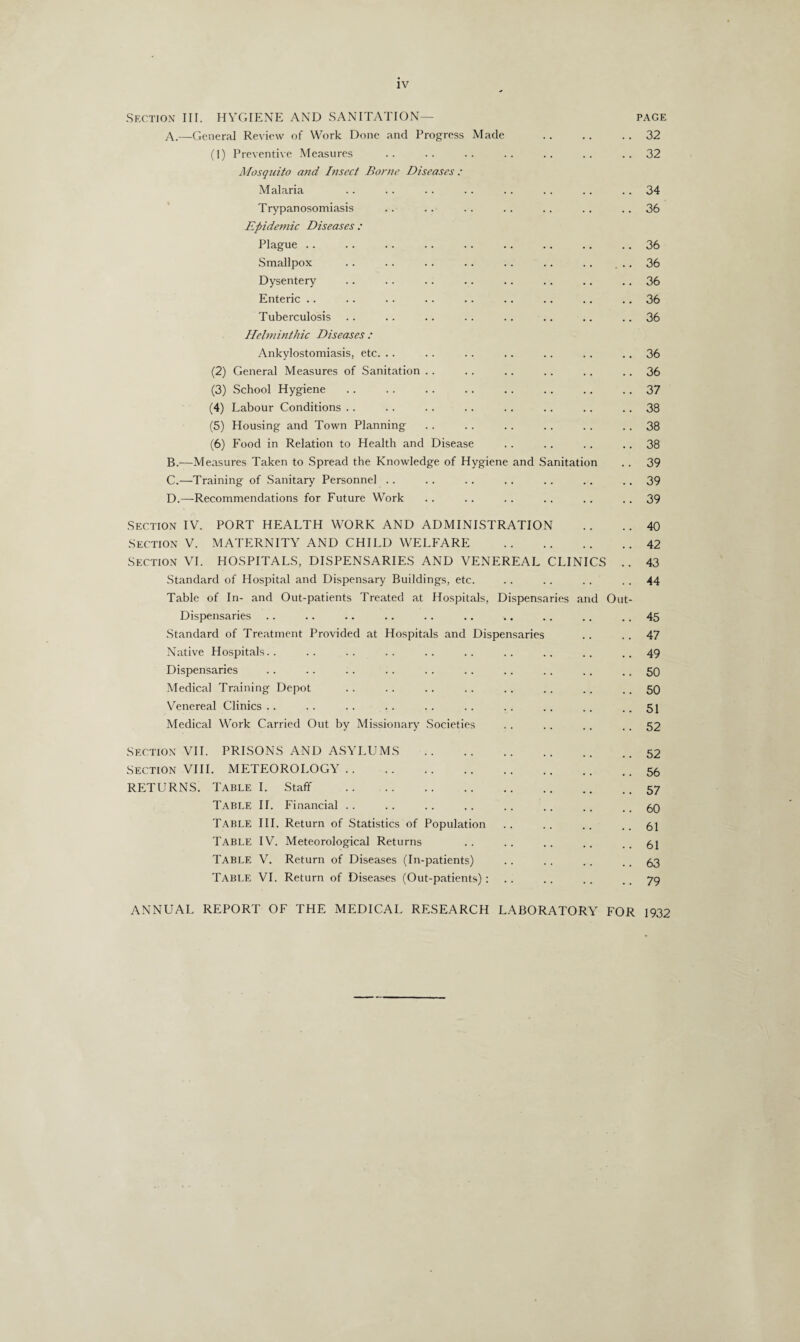 IV Section III. HYGIENE AND SANITATION— PAGE A.—General Review of Work Done and Progress Made 32 (1) Preventive Measures . . 32 Mosquito and Insect Borne Diseases : Malaria • • 34 Trypanosomiasis • • 36 Epidemic Diseases : Plague .. • • 36 Smallpox • • 36 Dysentery . . 36 Enteric .. • • 36 Tuberculosis . • . . . . 36 Helminthic Diseases : Ankylostomiasis, etc. .. • . . . • • 36 (2) General Measures of Sanitation . . 36 (3) School Hygiene * . 37 (4) Labour Conditions . . 38 (5) Housing and Town Planning • • 38 (6) Food in Relation to Health and Disease . . . . 38 B.—Measures Taken to Spread the Knowledge of Hygiene and Sanitation 39 C.—Training of Sanitary Personnel 39 D.—Recommendations for Future Work * * 39 Section IV. PORT HEALTH WORK AND ADMINISTRATION 40 Section V. MATERNITY AND CHILD WELFARE • • • • . , 42 Section VI. HOSPITALS, DISPENSARIES AND VENEREAL CLINICS 43 Standard of Hospital and Dispensary Buildings, etc. Table of In- and Out-patients Treated at Hospitals, Dispensaries and Out- 44 Dispensaries • • • « • • 45 Standard of Treatment Provided at Hospitals and Dispensaries 47 Native Hospitals.. • • • . . . 49 Dispensaries • • . . . . 50 Medical Training Depot . . 50 Venereal Clinics . . , , , 51 Medical Work Carried Out by Missionary Societies . . 52 Section VII. PRISONS AND ASYLUMS . 52 Section VIII. METEOROLOGY. • • « • • 56 RETURNS. Table I. Staff . . 57 TABLE II. Financial .. 60 Table III. Return of Statistics of Population • • • • • . 61 TABLE IV. Meteorological Returns * . • • . . 61 Table V. Return of Diseases (In-patients) • • 63 Table VI. Return of Diseases (Out-patients) : . . 79 ANNUAL REPORT OF THE MEDICAL RESEARCH LABORATORY FOR 1932
