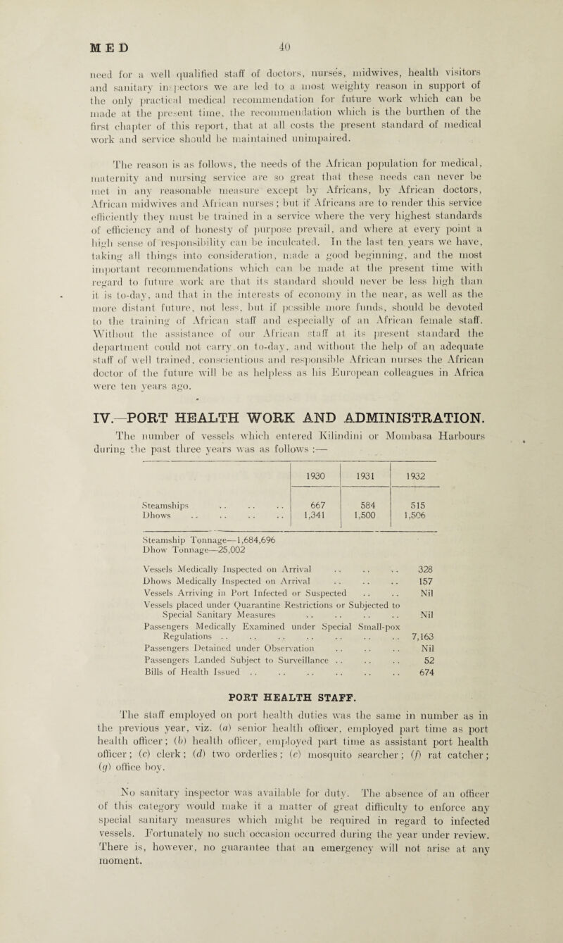 need for a, well qualified staff of doctors, nurse's, midwives, health visitors and sanitary inspectors we are led to a most weighty reason in support of the only practical medical recommendation for future work which can be made at the present time, the recommendation which is the burthen of the first chapter of this report, that at all costs the present standard of medical work and service should be maintained unimpaired. The reason is as follows, the needs of the African population for medical, maternity and nursing service are so great that these needs can never be met in any reasonable measure except by Africans, by African doctors, African midwives and African nurses; but if Africans are to render this service efficiently they must be trained in a service where the very highest standards of efficiency and of honesty of purpose prevail, and where at every point a high sense of responsibility can be inculcated. In the last ten years we have, taking all things into consideration, made a good beginning, and the most important recommendations which can be made at the present time with regard to future work are that its standard should never be less high than it is to-day, and that in the interests of economy in the near, as well as the more distant future, not less, but if possible more funds, should be devoted to the training of African staff and especially of an African female staff. Without the assistance of our African staff at its present standard the department could not carry.on to-day, and without the help of an adequate staff of well trained, conscientious and responsible African nurses the African doctor of the future will be as helpless as his European colleagues in Africa were ten years ago. IV — PORT HEALTH WORK AND ADMINISTRATION. The number of vessels which entered Kilindini or Mombasa Harbours during the past three years was as follows :— 1930 1931 1932 .Steamships 667 584 515 Dhows 1,341 1,500 1,506 Steamship Tonnage—1,684,696 Dhow Tonnage—25,002 Vessels Medically Inspected on Arrival Dhows Medically Inspected on Arrival Vessels Arriving in Port Infected or Suspected Vessels placed under Quarantine Restrictions or Subjected to Special Sanitary Measures Passengers Medically Examined under Special Small-pox Regulations Passengers Detained under Observation Passengers Landed Subject to Surveillance Bills of Health Issued 328 157 Nil Nil 7,163 Nil 52 674 POET HEALTH STAFF. The staff employed oil port health duties was the same in number as in the previous year, viz. (a) senior health officer, employed part time as port health officer; (b) health officer, employed part time as assistant port health officer; (c) clerk; (d) two orderlies; (c) mosquito searcher; (f) rat catcher; (ry) office boy. No sanitary inspector was available for duty. The absence of an officer of this category would make it a matter of great difficulty to enforce any special sanitary measures which might be required in regard to infected vessels. Fortunately no such occasion occurred during the year under review. There is, however, no guarantee that an emergency will not arise at any moment.