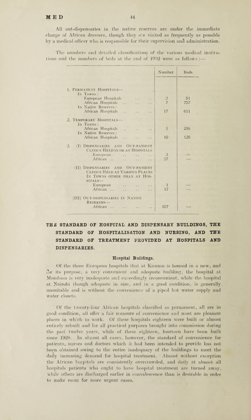 All out-dispensaries in the native reserves are under the immediate charge of African dressers, though they are visited as frequently as possible by a medical officer who is responsible for their supervision and administration. The numbers and detailed classifications of the various medical institu¬ tions and the numbers of beds at the end of 194-2 were as follows :— 1. Permanent Hospitals— In Towns : European Hospitals African Hospitals In Native Reserves : African Hospitals 2. Temporary Hospitals— In Towns : African Hospitals In Native Reserves : African Hospitals 3. (I) Dispensaries and Out-patient Clinics Held in or at Hospitals European African (II) Dispensaries and Out-patient Clinics Held at Various Places In Towns other than at Hos¬ pitals— European African (III) Out-dispensaries in Native Reserves— African . . I Number Beds 3 5! 7 757 17 611 1 216 10 125 3 37 1 17 ~ 107 — TH£ STANDARD OF HOSPITAL AND DISPENSARY BUILDINGS, THE STANDARD OF HOSPITALISATION AND NURSING, AND THE STANDARD OF TREATMENT PROVIDED AT HOSPITALS AND DISPENSARIES. Hospital Buildings. Of the three European hospitals that at Ivisumu is housed in a new* and for its purpose, a very convenient and adequate building, the hospital at Mombasa is very inadequate and exceedingly inconvenient, while the hospital at Nairobi though adequate in size, and in a good condition, is generally unsuitable and is without the convenience of a piped hot water supply and water closets. Of the twenty-four African hospitals classified as permanent, all are in good condition, all offer a fair measure of convenience and most are pleasant places in which to work. Of these hospitals eighteen were built or almost entirely rebuilt and for all practical purposes brought into commission during the past twelve years, while of these eighteen, fourteen have been built since 1928. In almost all cases, however, the standard of convenience for patients,, nurses and doctors which it had been intended to provide has not been obtained owing to the entire inadequacy of the buildings to meet the daily increasing demand for hospital treatment. Almost without exception the African hospitals are consistently overcrowded, and daily at almost all hospitals patients who ought to have hospital treatment are turned away, while others are discharged earlier in convalescence than is desirable in order to make room for more urgent cases.