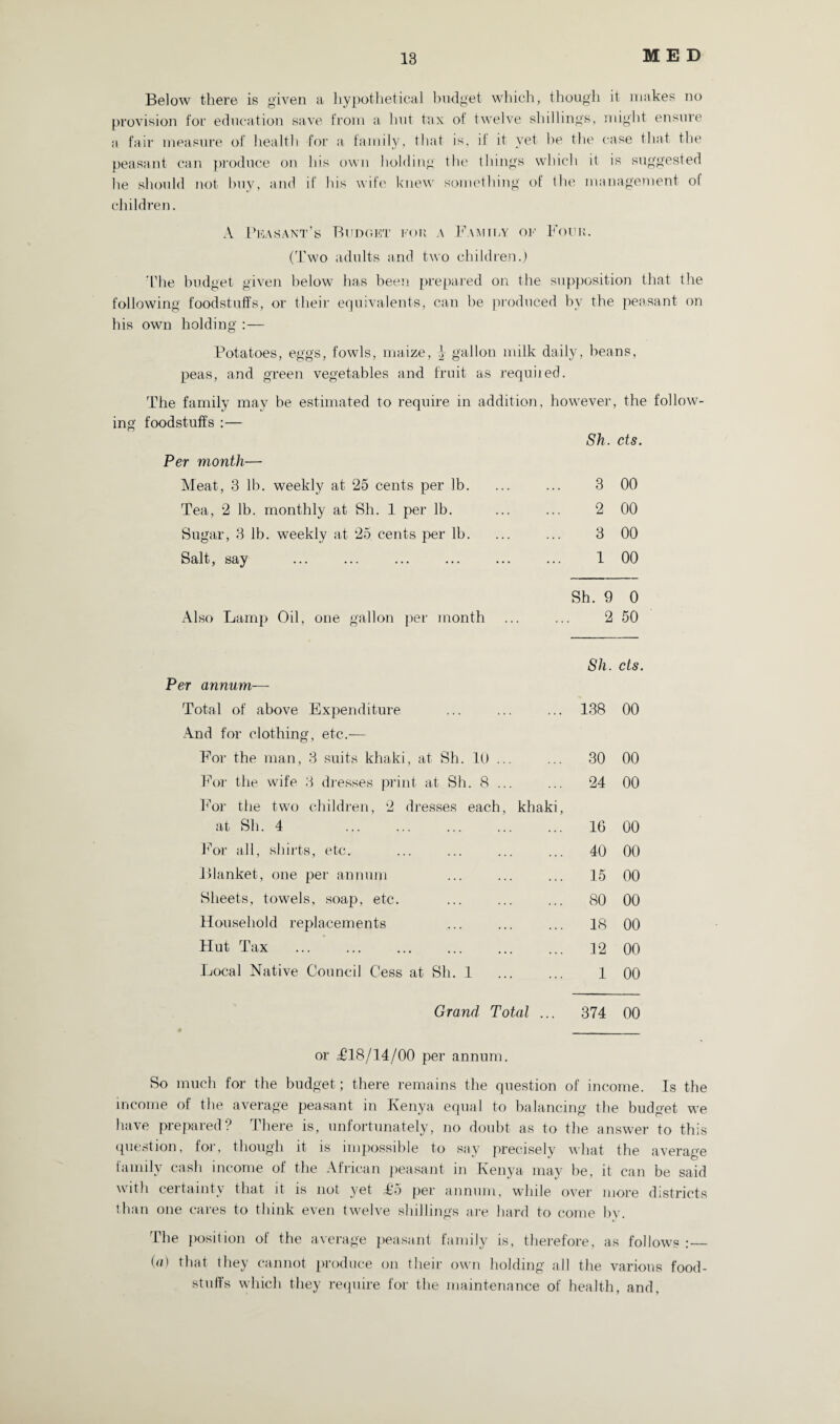 Be]ow there is given a hypothetical budget which, though it makes no provision for education save from a hut tux of twelve shillings, might ensure a fair measure of health for a family, that is, if it yet he the case that the peasant can produce on his own holding the things which it is suggested he should not buy, and if his wife knew something of the management ol children. A Peasant’s Budget kou a Family of Four. (Two adults and two children.) The budget given below has been prepared on the supposition that the following foodstuffs, or their equivalents, can be produced by the peasant on his own holding Potatoes, eggs, fowls, maize, } gallon milk daily, beans, peas, and green vegetables and fruit as requited. ing The family may be estimated to require in addition, however, the follow- foodstuffs :— Sh. cts. Per month— Meat, 3 lb. weekly at 25 cents per lb. 3 00 Tea, 2 lb. monthly at Sh. 1 per lb. 2 00 Sugar, 3 lb. weekly at 25 cents per lb. 3 00 Salt, say 1 00 Sh. 9 0 Also Lamp Oil, one gallon per month 2 50 Sh. cts. Per annum— Total of above Expenditure 138 00 And for clothing, etc.— For the man, 3 suits khaki, at Sh. It) ... 30 00 For the wife 3 dresses print at Sh. 8 ... 24 00 For the two children, 2 dresses each, khaki, at Sh. 4 16 00 For all, shirts, etc. 40 00 Blanket, one per annum 15 00 Sheets, towels, soap, etc. 80 00 Household replacements 18 00 Hut Tax 12 00 Local Native Council Cess at Sh. 1 . 1 00 Grand Total ... 374 00 or <£18/14/00 per annum. So much for the budget; there remains the question of income. Is the income of the average peasant in Kenya equal to balancing the budget we have prepared? There is, unfortunately, no doubt as to the answer to this question, for, though it is impossible to say precisely what the average family cash income of the African peasant in Kenya may be, it can be said with certainty that it is not yet T5 per annum, while over more districts than one cares to think even twelve shillings are hard to come bv. The position of the average peasant family is, therefore, as follows :— («) that they cannot produce on their own holding all the various food¬ stuffs which they require for the maintenance of health, and,