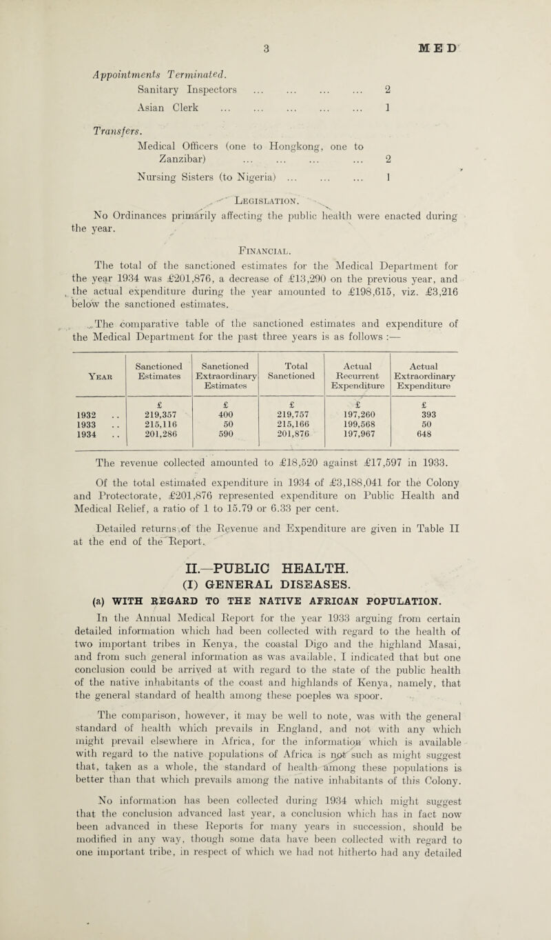 Appointments Terminated. Sanitary Inspectors ... ... ... ... 2 Asian Clerk ... ... ... ... ... 1 Transfers. Medical Officers (one to Hongkong, one to Zanzibar) ... ... ... ... 2 Nursing Sisters (to Nigeria) ... ... ... 1 ... Legislation. No Ordinances primarily affecting the public health were enacted during the year. Financial. The total of the sanctioned estimates for the Medical Department for the year 1934 was £201,876, a decrease of £13,290 on the previous year, and the actual expenditure during the year amounted to £198,615, viz. £3,216 below the sanctioned estimates. ...The comparative table of the sanctioned estimates and expenditure of the Medical Department for the past three years is as follows :— Year Sanctioned Estimates Sanctioned Extraordinary Estimates Total Sanctioned Actual Recurrent Expenditure Actual E xtraor dinary Expenditure £ £ £ £ £ 1932 219,357 400 219,757 197,260 393 1933 215,116 50 215,166 199,568 50 1934 201,286 590 201,876 197,967 648 The revenue collected amounted to £18,520 against £17,597 in 1933. Of the total estimated expenditure in 1934 of £3,188,041 for the Colony and Protectorate, £201,876 represented expenditure on Public Health and Medical Relief, a ratio of 1 to 15.79 or 6.33 per cent. Detailed returns,of the Revenue and Expenditure are given in Table II at the end of the Report. II.—PUBLIC HEALTH. (I) GENERAL DISEASES. (a) WITH REGARD TO THE NATIVE AFRICAN POPULATION. In the Annual Medical Report for the year 1933 arguing from certain detailed information which had been collected with regard to the health of two important tribes in Kenya, the coastal Digo and the highland Masai, and from such general information as was available, I indicated that but one conclusion could be arrived at with regard to the state of the public health of the native inhabitants of the coast and highlands of Kenya, namely, that the general standard of health among these poeples wa spoor. The comparison, however, it may be well to note, was with the general standard of health which prevails in England, and not with any which might prevail elsewhere in Africa, for the information which is available with regard to the native populations of Africa is npt such as might suggest that, taken as a whole, the standard of health among these populations is better than that which prevails among the native inhabitants of this Colony. No information has been collected during 1934 which might suggest that the conclusion advanced last year, a conclusion which has in fact now been advanced in these Reports for many years in succession, should be modified in any way, though some data have been collected with regard to one important tribe, in respect of which we had not hitherto had any detailed