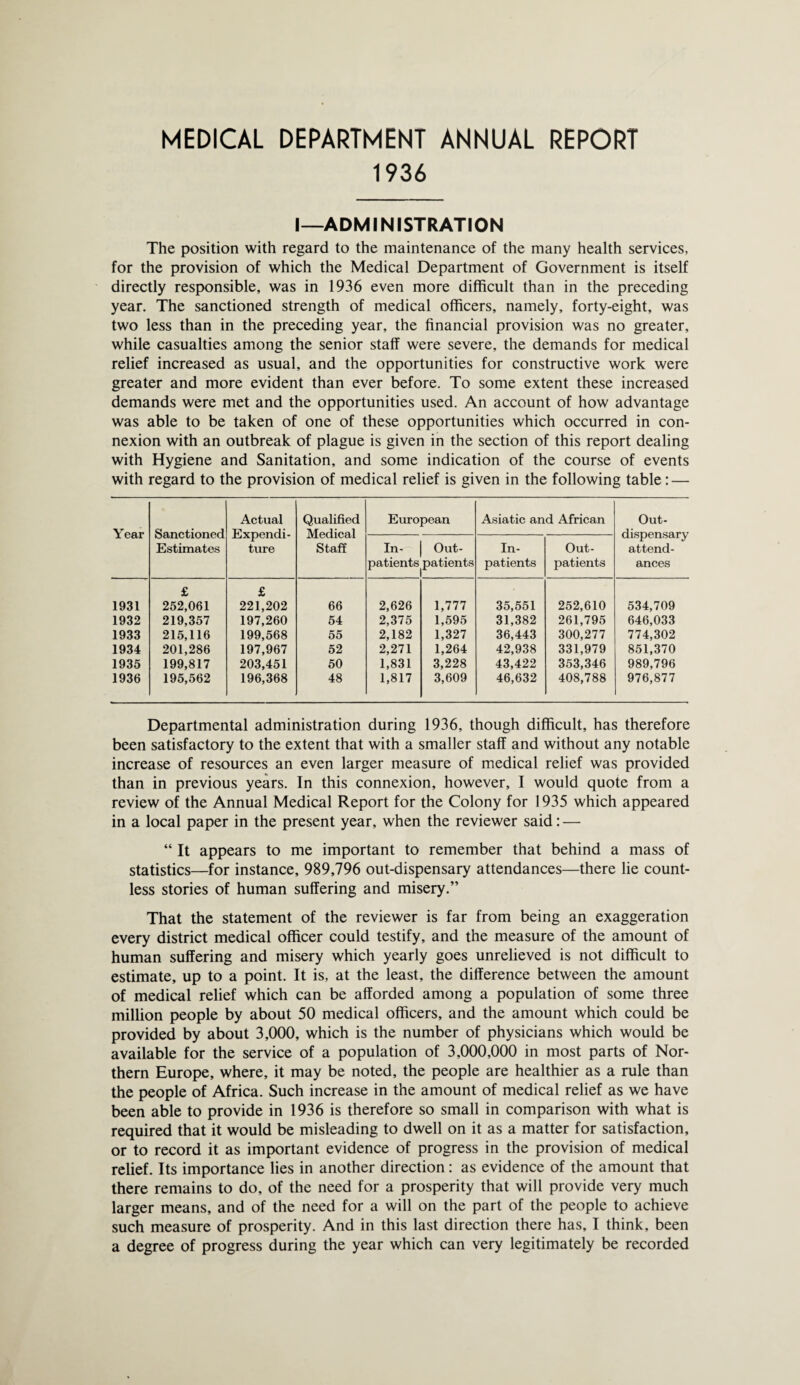 MEDICAL DEPARTMENT ANNUAL REPORT 1936 I—ADMINISTRATION The position with regard to the maintenance of the many health services, for the provision of which the Medical Department of Government is itself directly responsible, was in 1936 even more difficult than in the preceding year. The sanctioned strength of medical officers, namely, forty-eight, was two less than in the preceding year, the financial provision was no greater, while casualties among the senior staff were severe, the demands for medical relief increased as usual, and the opportunities for constructive work were greater and more evident than ever before. To some extent these increased demands were met and the opportunities used. An account of how advantage was able to be taken of one of these opportunities which occurred in con¬ nexion with an outbreak of plague is given in the section of this report dealing with Hygiene and Sanitation, and some indication of the course of events with regard to the provision of medical relief is given in the following table: — Year Sanctioned Estimates Actual Expendi¬ ture Qualified Medical Staff European Asiatic and African Out- dispensary attend¬ ances In- patients Out¬ patients In¬ patients Out¬ patients 1931 £ 252,061 £ 221,202 66 2,626 1,777 35,551 252,610 534,709 1932 219,357 197,260 54 2,375 1,595 31,382 261,795 646,033 1933 215,116 199,568 55 2,182 1,327 36,443 300,277 774,302 1934 201,286 197,967 52 2,271 1,264 42,938 331,979 851,370 1935 199,817 203,451 50 1,831 3,228 43,422 353,346 989,796 1936 195,562 196,368 48 1,817 3,609 46,632 408,788 976,877 Departmental administration during 1936, though difficult, has therefore been satisfactory to the extent that with a smaller staff and without any notable increase of resources an even larger measure of medical relief was provided than in previous years. In this connexion, however, I would quote from a review of the Annual Medical Report for the Colony for 1935 which appeared in a local paper in the present year, when the reviewer said: — “ It appears to me important to remember that behind a mass of statistics—for instance, 989,796 out-dispensary attendances—there lie count¬ less stories of human suffering and misery.” That the statement of the reviewer is far from being an exaggeration every district medical officer could testify, and the measure of the amount of human suffering and misery which yearly goes unrelieved is not difficult to estimate, up to a point. It is, at the least, the difference between the amount of medical relief which can be afforded among a population of some three million people by about 50 medical officers, and the amount which could be provided by about 3,000, which is the number of physicians which would be available for the service of a population of 3,000,000 in most parts of Nor¬ thern Europe, where, it may be noted, the people are healthier as a rule than the people of Africa. Such increase in the amount of medical relief as we have been able to provide in 1936 is therefore so small in comparison with what is required that it would be misleading to dwell on it as a matter for satisfaction, or to record it as important evidence of progress in the provision of medical relief. Its importance lies in another direction: as evidence of the amount that there remains to do, of the need for a prosperity that will provide very much larger means, and of the need for a will on the part of the people to achieve such measure of prosperity. And in this last direction there has, I think, been a degree of progress during the year which can very legitimately be recorded