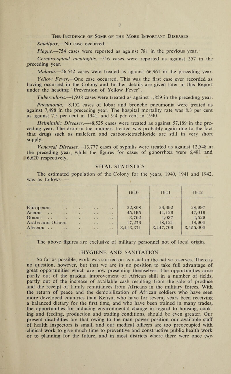 The Incidence of Some of the More Important Diseases Smallpox.—No case occurred. Plague.—754 cases were reported as against 781 in the previous year. Cerebrospinal meningitis.—516 cases were reported as against 357 in the preceding year. Malaria.—56,542 cases were treated as against 66,961 in the preceding year. Yellow Fever.—One case occurred. This was the first case ever recorded as having occurred in the Colony and further details are given later in this Report under the heading “Prevention of Yellow Fever”. Tuberculosis.—1,938 cases were treated as against 1,859 in the preceding year. Pneumonia.—8,152 cases of lobar and broncho pneumonia were treated as against 7,498 in the preceding year. The hospital mortality rate was 8.3 per cent as against 7.5 per cent in 1941, and 9.4 per cent in 1940. Helminthic Diseases.—48,525 cases were treated as against 57,189 in the pre¬ ceding year. The drop in the numbers treated was probably again due to the fact that drugs such as malefern and carbon-tetrachloride are still in very short supply. Venereal Diseases.—13,777 cases of syphilis were treated as against 12,548 in the preceding year, while the figures for cases of gonorrhoea were 6,481 and 6,620 respectively. VITAL STATISTICS The estimated population of the Colony for the years, 1940, 1941 and 1942r was as follows: — 1940 1941 1942 Europeans 22,808 26,692 28,997 . Asians 45,195 44,126 47,016 Goans 3,702 4,037 4,529 Arabs and Others 17,276 18,121 18,900 Africans . . 3,413,371 3,447,706 3,455,000 The above figures are exclusive of military personnel not of local origin. HYGIENE AND SANITATION So far as possible, work was carried on as usual in the native reserves. There is no question, however, but that we are in no position to take full advantage of great opportunities Which are now presenting themselves. The opportunities arise partly out of the gradual improvement of African skill in a number of fields, partly out of the increase of available cash resulting from the sale of produce and the receipt of family remittances from Africans in the military forces. With the return of peace and the demobilization of African soldiers who have seen more developed countries than Kenya, who have for several years been receiving a balanced dietary for the first time, and who have been trained in many trades, the opportunities for inducing environmental change in regard to housing, cook¬ ing and feeding, production and trading conditions, should be even greater. Our present disabilities are that owing to the man power position our available staff of health inspectors is small, and our medical officers are too preoccupied with clinical work to give much time to preventive and constructive public health work or to planning for the future, and in most districts where there were once two /