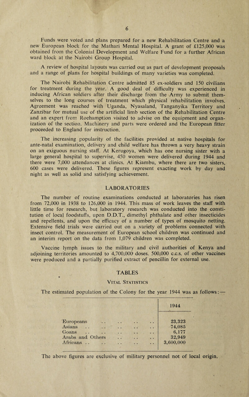 Funds were voted and plans prepared for a new Rehabilitation Centre and a new European block for the Mathari Mental Hospital. A grant of £125,000 was obtained from the Colonial Development and Welfare Fund for a further African ward block at the Nairobi Group Hospital. A review of hospital layouts was carried out as part of development proposals and a range of plans for hospital buildings of many varieties was completed. The Nairobi Rehabilitation Centre admitted 85 ex-soldiers and 150 civilians for treatment during the year. A good deal of difficulty was experienced in inducing African soldiers after their discharge from the Army to submit them¬ selves to the long courses of treatment which physical rehabilitation involves. Agreement was reached with Uganda, Nyasaland, Tanganyika Territory and Zanzibar for mutual use of the artificial limb section of the Rehabilitation Centre and an expert from Roehamption visited to advise on the equipment and organ¬ ization of the section. Machinery and parts were ordered and the European fitter proceeded to England for instruction. The increasing popularity of the facilities provided at native hospitals for ante-natal examination, delivery and child welfare has thrown a very heavy strain on an exiguous nursing staff. At Kerugoya, which has one nursing sister with a large general hospital to supervise, 450 women were delivered during 1944 and there were 7,000 attendances at clinics. At Kiambu, where there are two sisters, 600 cases were delivered. These figures represent exacting work by day and night as well as solid and satisfying achievement. LABORATORIES The number of routine examinations conducted at laboratories has risen from 72,000 in 1938 to 126,000 in 1944. This mass of work leaves the staff with little time for research, but laboratory research was conducted into the consti¬ tution of local foodstuffs, upon D.D.T., dimethyl phthalate and other insecticides and repellents, and upon the efficacy of a number of types of mosquito netting. Extensive field trials were carried out on a .variety of problems connected with insect control. The measurement of European school children was continued and an interim report on the data from 1,079 children was completed. Vaccine lymph issues to the military and civil authorities of Kenya and adjoining territories amounted to 4,700,000 doses. 500,000 c.c.s. of other vaccines were produced and a partially purified extract of pencillin for external use. TABLES Vital Statistics The estimated population of the Colony for the year 1944 was as follows: — 1944 i Europeans 23,323 Asians 74,085 Goans 6,177 Arabs and Others 32,949 Africans . . 3,600,000 The above figures are exclusive of military personnel not of local origin.