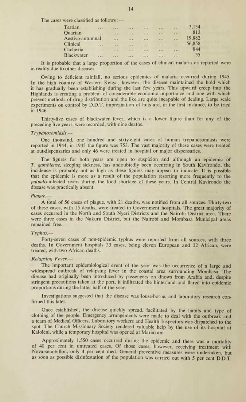 The cases were classified as follows: — Tertian ... ... ... ... ... ... 3,134 Quartan ... ... ... ... ... ... 812 Aestivo-autumnal ... ... ... ... ... 19,882 Clinical ... ... ... ... ... ••• 56,858 Cachexia . „ 844 Blackwater ... ... ... ... ... ... 35 It is probable that a large proportion of the cases of clinical malaria as reported were in reality due to other diseases. Owing to deficient rainfall, no serious epidemics of malaria occurred during 1945. In the high country of Western Kenya, however, the disease maintained the hold which it has gradually been establishing during the last few years. This upward creep into the Highlands is creating a problem of considerable economic importance and one with which present methods of drug distribution and the like are quite incapable of dealing. Large scale experiments on control by D.D.T. impregnation of huts are, in the first instance, to be tried in 1946. Thirty-five cases of blackwater fever, which is a lower figure than for any of the preceding five years, were recorded, with nine deaths. T rypanosomiasis.— One thousand, one hundred and sixty-eight cases of human trypanosomiasis were reported in 1944; in 1945 the figure was 753. The vast majority of these cases were treated at out-dispensaries and only 46 were treated in hospital or major dispensaries. The figures for both years are open to suspicion and although an epidemic of T. gambiense, sleeping sickness, has undoubtedly been occurring in South Kavirondo, the incidence is probably not as high as these figures may appear to indicate. It is possible that the epidemic is more as a result of the population resorting more frequently to the pa/pa//s-infected rivers during the food shortage of these years. In Central Kavirondo the disease was practically absent. Plague.— A total of 56 cases of plague, with 21 deaths, was notified from all sources. Thirty-two of these cases, with 15 deaths, were treated in Government hospitals. The great majority of cases occurred in the North and South Nyeri Districts and the Nairobi District area. There were three cases in the Nakuru District, but the Nairobi and Mombasa Municipal areas remained free. Typhus.— Forty-seven cases of non-epidemic typhus were reported from all sources, with three deaths. In Government hospitals 33 cases, being eleven European and 22 African, were treated, with two African deaths. Relapsing Fever.— The important epidemiological event of the year was the occurrence of a large and widespread outbreak of relapsing fever in the coastal area surrounding Mombasa. The disease had originally been introduced by passengers on dhows from Arabia and, despite stringent precautions taken at the port, it infiltrated the hinterland and flared into epidemic proportions during the latter half of the year. Investigations suggested that the disease was louse-borne, and laboratory research con¬ firmed this later. Once established, the disease quickly spread, facilitated by the habits and type of clothing of the people. Emergency arrangements were made to deal with the outbreak and a team of Medical Officers, Laboratory workers and Health Inspectors was dispatched to the spot. The Church Missionary Society rendered valuable help by the use of its hospital at Kaloleni, while a temporary hospital was opened at Mariakani. Approximately 1,550 cases occurred during the epidemic and there was a mortality of 40 per cent in untreated cases. Of those cases, however, receiving treatment with Novarsenobillon, only 4 per cent died. General preventive measures were undertaken, but as soon as possible disinfestation of the population was carried out with 5 per cent D.D.T.