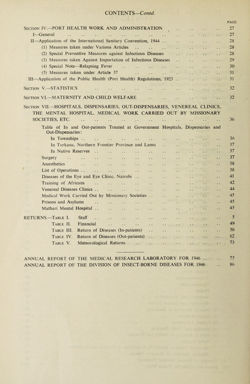 CONTENTS—Contd. PAGE Section IV.—PORT HEALTH WORK AND ADMINISTRATION . 27 I—General .. .. .. .. .. .. .. .. .. .. .. .. 27 II—Application of the International Sanitary Convention, 1944 .. .. .. .. .. 28 (1) Measures taken under Various Articles .. .. .. .. .. .. .. 28 (2) Special Preventive Measures against Infectious Diseases .. .. .. .. 28 (3) Measures taken Against Importation of Infectious Diseases .. .. .. .. 29 (4) Special Note—Relapsing Fever .. .. .. .. .. .. .. .. 30 (5) Measures taken under Article 57 .. .. .. .. .. .. .. 31 III—Application of the Public Health (Port Health) Regulations, 1923 .. .. .. .. 31 Section V.—STATISTICS 32 Section VI.—MATERNITY AND CHILD WELFARE . 32 Section VII—HOSPITALS, DISPENSARIES, OUT-DISPENSARIES, VENEREAL CLINICS, THE MENTAL HOSPITAL, MEDICAL WORK CARRIED OUT BY MISSIONARY SOCIETIES, ETC. 36 Table of In and Out-patients Treated at Government Hospitals, Dispensaries and Out-Dispensaries: In Townships .. .. .. .. .. .. .. .. .. .. .. 36 In Turkana, Northern Frontier Province and Lamu .. .. .. .. .. 37 In Native Reserves .. .. .. .. .. .. .. .. .. .. 37 Surgery .. .. .. .. .. .. .. .. .. .. .. .. 37 Anaesthetics .. .. .. .. .. .. .. .. .. .. . • 38 List of Operations .. .. .. .. .. .. .. .. .. .. .. 38 Diseases of the Eye and Eye Clinic, Nairobi .. .. .. .. .. .. .. 41 Training of Africans .. .. .. .. .. .. .. .. .. • • 42 Venereal Diseases Clinics ,. .. .. .. .. .. .. .. - • • • 44 Medical Work Carried Out by Missionary Societies .. .. .. .. .. .. 45 Prisons and Asylums .. .. .. .. .. .. .. .. . • • • 45 Mathari Mental Hospital .. .. .. .. .. .. .. .. .. - • 45 RETURNS.—Table L Staff. 5 Table II. Financial .. .. .. .. .. .. . • • • • • 49 Table III. Return of Diseases (In-patients) .. .. .. .. .. .. 50 Table IV. Return of Diseases (Out-patients) .. .. .. .. .. .. 62 Table V. Meteorological Returns .. .. .. .. .. .. .. 73 ANNUAL REPORT OF THE MEDICAL RESEARCH LABORATORY FOR 1946 .. .. 75 ANNUAL REPORT OF THE DIVISION OF INSECT-BORNE DISEASES FOR 1946 .. 86