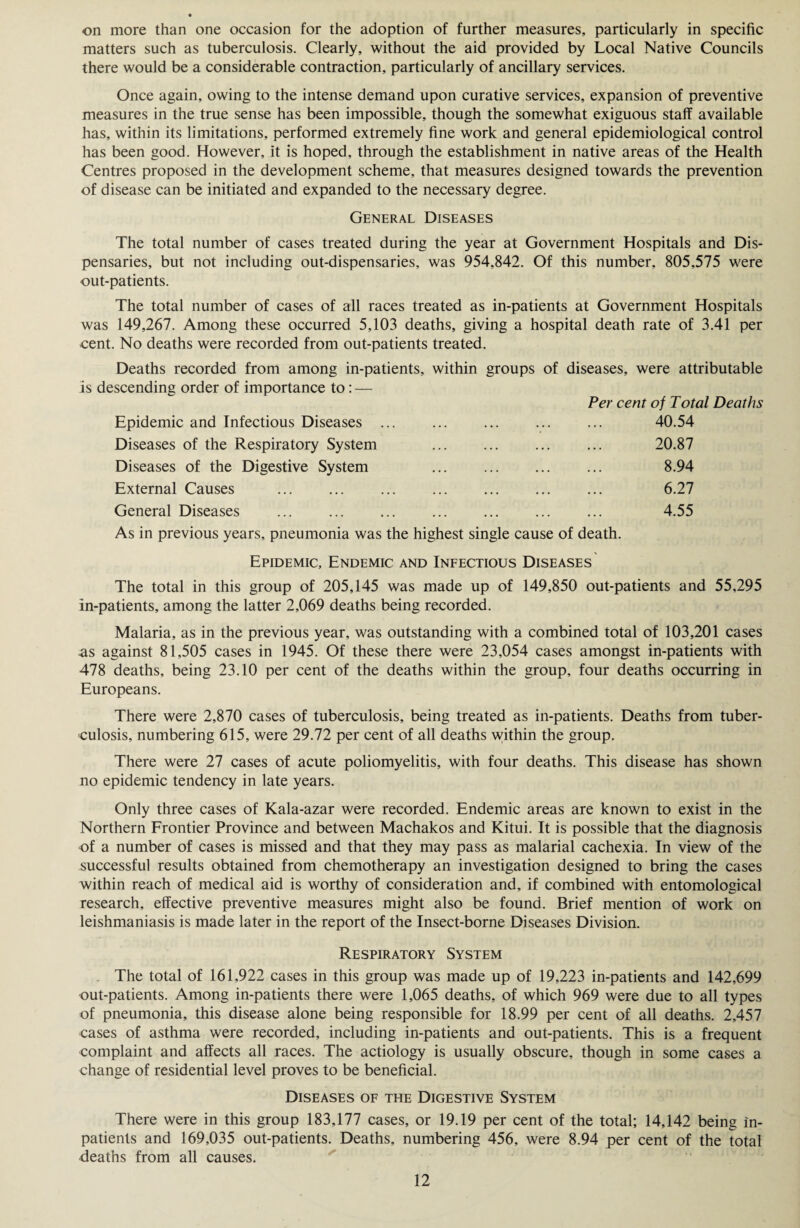 on more than one occasion for the adoption of further measures, particularly in specific matters such as tuberculosis. Clearly, without the aid provided by Local Native Councils there would be a considerable contraction, particularly of ancillary services. Once again, owing to the intense demand upon curative services, expansion of preventive measures in the true sense has been impossible, though the somewhat exiguous staff available has, within its limitations, performed extremely fine work and general epidemiological control has been good. However, it is hoped, through the establishment in native areas of the Health Centres proposed in the development scheme, that measures designed towards the prevention of disease can be initiated and expanded to the necessary degree. General Diseases The total number of cases treated during the year at Government Hospitals and Dis¬ pensaries, but not including out-dispensaries, was 954,842. Of this number, 805,575 were out-patients. The total number of cases of all races treated as in-patients at Government Hospitals was 149,267. Among these occurred 5,103 deaths, giving a hospital death rate of 3.41 per cent. No deaths were recorded from out-patients treated. Deaths recorded from among in-patients, within groups of diseases, were attributable is descending order of importance to: — Per cent of Total Deaths Epidemic and Infectious Diseases Diseases of the Respiratory System Diseases of the Digestive System External Causes General Diseases . 40.54 20.87 8.94 6.27 4.55 As in previous years, pneumonia was the highest single cause of death. Epidemic, Endemic and Infectious Diseases The total in this group of 205,145 was made up of 149,850 out-patients and 55,295 in-patients, among the latter 2,069 deaths being recorded. Malaria, as in the previous year, was outstanding with a combined total of 103,201 cases as against 81,505 cases in 1945. Of these there were 23,054 cases amongst in-patients with 478 deaths, being 23.10 per cent of the deaths within the group, four deaths occurring in Europeans. There were 2,870 cases of tuberculosis, being treated as in-patients. Deaths from tuber¬ culosis, numbering 615, were 29.72 per cent of all deaths within the group. There were 27 cases of acute poliomyelitis, with four deaths. This disease has shown no epidemic tendency in late years. Only three cases of Kala-azar were recorded. Endemic areas are known to exist in the Northern Frontier Province and between Machakos and Kitui. It is possible that the diagnosis of a number of cases is missed and that they may pass as malarial cachexia. In view of the successful results obtained from chemotherapy an investigation designed to bring the cases within reach of medical aid is worthy of consideration and, if combined with entomological research, effective preventive measures might also be found. Brief mention of work on leishmaniasis is made later in the report of the Insect-borne Diseases Division. Respiratory System The total of 161,922 cases in this group was made up of 19,223 in-patients and 142,699 out-patients. Among in-patients there were 1,065 deaths, of which 969 were due to all types of pneumonia, this disease alone being responsible for 18.99 per cent of all deaths. 2,457 cases of asthma were recorded, including in-patients and out-patients. This is a frequent complaint and affects all races. The aetiology is usually obscure, though in some cases a change of residential level proves to be beneficial. Diseases of the Digestive System There were in this group 183,177 cases, or 19.19 per cent of the total; 14,142 being in¬ patients and 169,035 out-patients. Deaths, numbering 456, were 8.94 per cent of the total deaths from all causes.