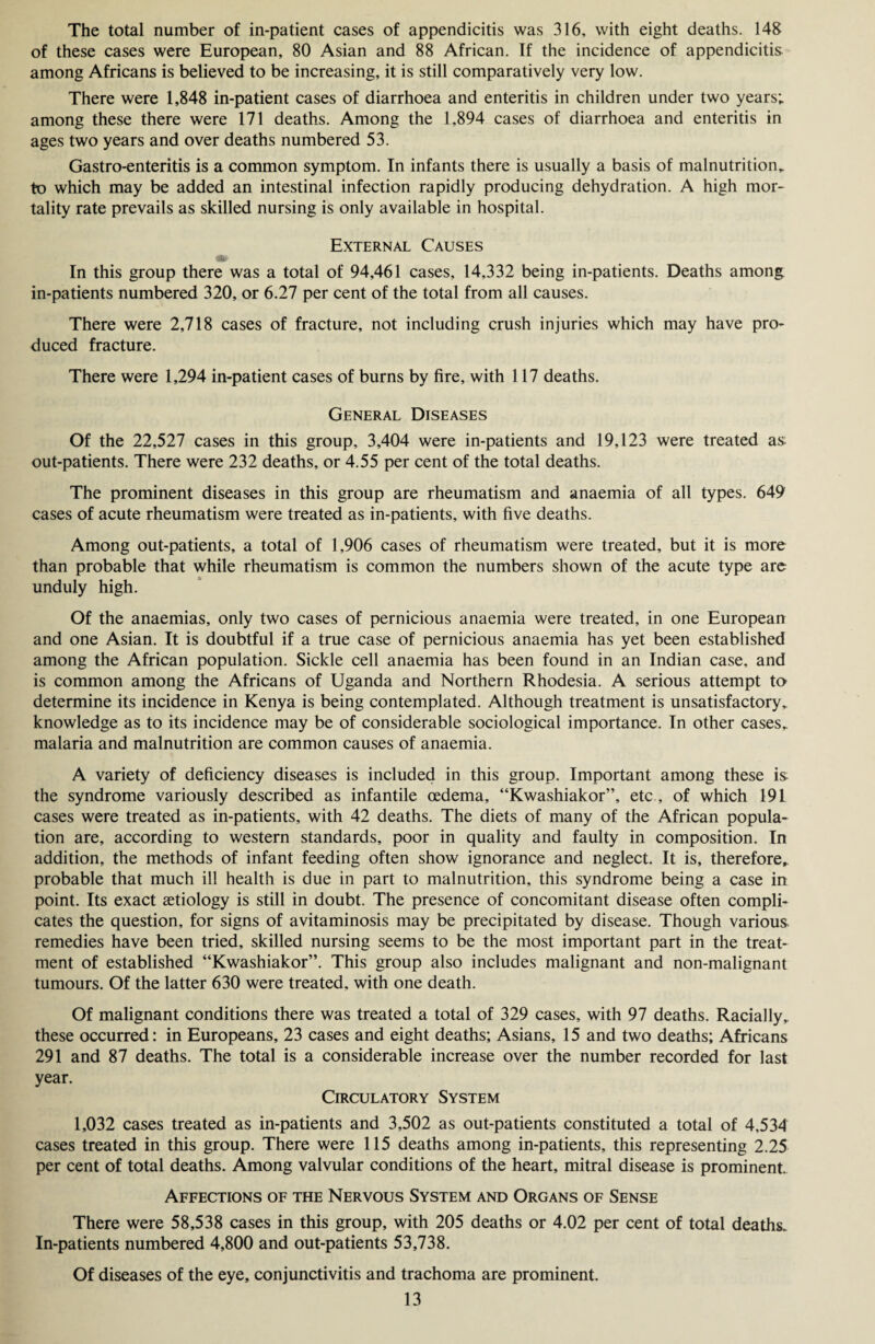 The total number of in-patient cases of appendicitis was 316, with eight deaths. 148 of these cases were European, 80 Asian and 88 African. Tf the incidence of appendicitis among Africans is believed to be increasing, it is still comparatively very low. There were 1,848 in-patient cases of diarrhoea and enteritis in children under two years; among these there were 171 deaths. Among the 1,894 cases of diarrhoea and enteritis in ages two years and over deaths numbered 53. Gastro-enteritis is a common symptom. In infants there is usually a basis of malnutrition* to which may be added an intestinal infection rapidly producing dehydration. A high mor¬ tality rate prevails as skilled nursing is only available in hospital. External Causes In this group there was a total of 94,461 cases, 14,332 being in-patients. Deaths among in-patients numbered 320, or 6.27 per cent of the total from all causes. There were 2,718 cases of fracture, not including crush injuries which may have pro¬ duced fracture. There were 1,294 in-patient cases of burns by fire, with 117 deaths. General Diseases Of the 22,527 cases in this group, 3,404 were in-patients and 19,123 were treated as; out-patients. There were 232 deaths, or 4.55 per cent of the total deaths. The prominent diseases in this group are rheumatism and anaemia of all types. 649 cases of acute rheumatism were treated as in-patients, with five deaths. Among out-patients, a total of 1,906 cases of rheumatism were treated, but it is more than probable that while rheumatism is common the numbers shown of the acute type are unduly high. Of the anaemias, only two cases of pernicious anaemia were treated, in one European and one Asian. It is doubtful if a true case of pernicious anaemia has yet been established among the African population. Sickle cell anaemia has been found in an Indian case, and is common among the Africans of Uganda and Northern Rhodesia. A serious attempt to determine its incidence in Kenya is being contemplated. Although treatment is unsatisfactory,, knowledge as to its incidence may be of considerable sociological importance. In other cases* malaria and malnutrition are common causes of anaemia. A variety of deficiency diseases is included in this group. Important among these is. the syndrome variously described as infantile oedema, “Kwashiakor”, etc , of which 191 cases were treated as in-patients, with 42 deaths. The diets of many of the African popula¬ tion are, according to western standards, poor in quality and faulty in composition. In addition, the methods of infant feeding often show ignorance and neglect. It is, therefore,, probable that much ill health is due in part to malnutrition, this syndrome being a case in point. Its exact aetiology is still in doubt. The presence of concomitant disease often compli¬ cates the question, for signs of avitaminosis may be precipitated by disease. Though various, remedies have been tried, skilled nursing seems to be the most important part in the treat¬ ment of established “Kwashiakor”. This group also includes malignant and non-malignant tumours. Of the latter 630 were treated, with one death. Of malignant conditions there was treated a total of 329 cases, with 97 deaths. Racially,, these occurred: in Europeans, 23 cases and eight deaths; Asians, 15 and two deaths; Africans 291 and 87 deaths. The total is a considerable increase over the number recorded for last year. Circulatory System 1,032 cases treated as in-patients and 3,502 as out-patients constituted a total of 4,534 cases treated in this group. There were 115 deaths among in-patients, this representing 2.25 per cent of total deaths. Among valvular conditions of the heart, mitral disease is prominent. Affections of the Nervous System and Organs of Sense There were 58,538 cases in this group, with 205 deaths or 4.02 per cent of total deaths. In-patients numbered 4,800 and out-patients 53,738. Of diseases of the eye, conjunctivitis and trachoma are prominent.
