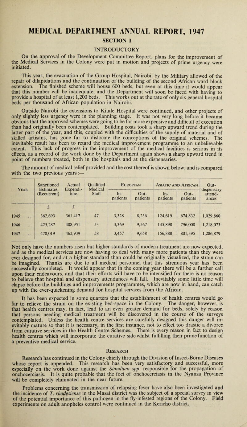 MEDICAL DEPARTMENT ANNUAL REPORT, 1947 SECTION I INTRODUCTORY On the approval of the Development Committee Report, plans for the improvement of the Medical Services in the Colony were put in motion and projects of prime urgency were initiated. This year, the evacuation of the Group Hospital, Nairobi, by the Military allowed of the repair of dilapidations and the continuation of the building of the second African ward block extension. The finished scheme will house 600 beds, but even at this time it would appear that this number will be inadequate, and the Department will soon be faced with having to provide a hospital of at least 1,200 beds. This works out at the rate of only six general hospital beds per thousand of African population in Nairobi. Outside Nairobi the extensions to Kitale Hospital were continued, and other projects of only slightly less urgency were in the planning stage. It was not very long before it became obvious that the approved schemes were going to be far more expensive and difficult of execution than had originally been contemplated. Building costs took a sharp upward trend during the latter part of the year, and this, coupled with the difficulties of the supply of material and of skilled artisans, has gone far to dislocate the conceptions of the original schemes. The inevitable result has been to retard the medical improvement programme to an unbelievable extent. This lack of progress in the improvement of the medical facilities is serious in its effects, as a record of the work done by the Department again shows a sharp upward trend in point of numbers treated, both in the hospitals and at the dispensaries. The amount of medical relief provided and the cost thereof is shown below, and is compared with the two previous years:— Year Sanctioned Estimates (Recurrent) Actual Expendi¬ ture Qualified Medical Staff European Asiatic and African Out- dispensary attend¬ ances In¬ patients Out¬ patients In¬ patients Out¬ patients £ £ 1945 362,693 361,417 47 3,328 8,236 124,619 674,832 1,029,860 1946 425,287 408,951 53 3,369 9,567 145,898 796,008 1,218,073 1947 478,019 462,939 58 3,457 9,658 156,888 801,395 1,286,879 Not only have the numbers risen but higher standards of modern treatment are now expected, and as the medical services are now having to deal with many more patients than they were ever designed for, and at a higher standard than could be originally visualized, the strain can be imagined. Thanks are due to all medical personnel that this strenuous year has been successfully completed. It would appear that in the coming year there will be a further call upon their endeavours, and that their efforts will have to be intensified for there is no reason to believe that hospital and dispensary attendances will fall. Inevitably some little time will elapse before the buildings and improvements programmes, which are now in hand, can catch up with the ever-quickening demand for hospital services from the African. It has been expected in some quarters that the establishment of health centres would go far to relieve the strain on the existing bed-space in the Colony. The danger, however, is that health centres may, in fact, lead to an even greater demand for beds, solely by reason that persons needing medical treatment will be discovered in the course of the surveys contemplated. Unless the health centre services are carefully designed this danger will in¬ evitably mature so that it is necessary, in the first instance, not to effect too drastic a divorce from curative services in the Health Centre Schemes. There is every reason in fact to design health centres which will incorporate the curative side whilst fulfilling their prime function of a preventive medical service. Research Research has continued in the Colony chiefly through the Division of Insect-Borne Diseases whose report is appended. This research has been very satisfactory and successful, more especially on the work done against the Simulium spp. responsible for the propagation of onchocerciasis. It is quite probable that the foci of onchocerciasis in the Nyanza Province will be completely eliminated in the near future. Problems concerning the transmission of relapsing fever have also been investigated and the incidence of T. rhodesiense in the Masai district was the subject of a special survey in view of the potential importance of this pathogen in the fly-infested regions of the Colony. Field experiments on adult anopheles control were continued in the Kericho district.