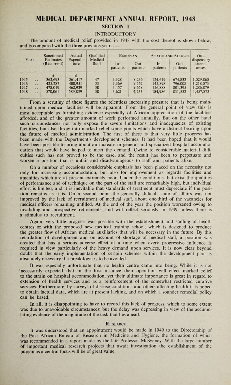 MEDICAL DEPARTMENT ANNEAL REPORT, 1948 SECTION I INTRODUCTORY The amount of medical relief provided in 1948 with the cost thereof is shown below, and is compared with the three previous years: — Year Sanctioned Estimates (Recurrent) Actual Expendi¬ ture Qualified Medical Staff European Asiatic and African Out- dispensary attend¬ ances In¬ patients Out¬ patients In¬ patients Out¬ patients 1945 £ 362,693 £ 361,417 47 3,328 8,236 124,619 674,832 1,029,860 1946 425,287 408,951 53 3,369 9,567 145,898 796,008 1,218,073 1947 478,019 462,939 58 3,457 9,658 156,888 801,395 1,286,879 1948 578,061 589,859 58 3,621 4,233 184,986 831,552 1,457,873 From a scrutiny of these figures the relentless increasing pressure that is being main¬ tained upon medical facilities will be apparent. From the general point of view this is most acceptable as furnishing evidence especially of African appreciation of the facilities afforded, and of the greater amount of work performed annually. But on the other hand such circumstances not only expose the severe limitations and inadequacies of existing facilities, but also throw into marked relief some points which have a distinct bearing upon the future of medical administration. The first of these is that very little progress has been made with the Department’s development schemes. It had been hoped that it would have been possible to bring about an increase in general and specialized hospital accommo¬ dation that would have helped to meet the demand. Owing to considerable material diffi¬ culties such has not proved to be the case, and the result has been to perpetuate and worsen a position that is unfair and disadvantageous to staff and patients alike. On a number of occasions considerable emphasis has been placed on the necessity not only for increasing accommodation, but also for improvement as regards facilities and amenities which are at present extremely poor. Under the conditions that exist the qualities of performance and of technique on the part of the staff are remarkably high, but individual effort is limited, and it is inevitable that standards of treatment must depreciate if the posi¬ tion remains as it is. On a second point the generally difficult state of affairs was not improved by the lack of recruitment of medical staff, about one-third of the vacancies for medical officers remaining unfilled. At the end of the year the position worsened owing to invaliding and prospective retirements, and will reflect seriously in 1949 unless there is a stimulus to recruitment. Again, very little progress was possible with the establishment and staffing of health centres or with the proposed new medical training school, which is designed to produce the greater flow of African medical auxiliaries that will be necessary in the future. By this retardation of development and on account of shortage of medical staff, a position was created that has a serious adverse effect at a time when every progressive influence is required in view particularly of the heavy demand upon services. It is now clear beyond doubt that the early implementation of certain schemes within the development plan is absolutely necessary if a breakdown is to be avoided. It was especially unfortunate that no health centre came into being. While it is not 'necessarily expected that in the first instance their operation will effect marked relief to the strain on hospital accommodation, yet their ultimate importance is great in regard to extension of health services and as a reinforcement of the somewhat restricted curative services. Furthermore, by surveys of disease conditions and others affecting health it is hoped to obtain factual data, which are at present lacking, and on which a sounder remedial policy can be based. In all, it is disappointing to have to record this lack of progress, which to some extent was due to unavoidable circumstances; but the delay was depressing in view of the accumu¬ lating evidence of the magnitude of the task that lies ahead. Research It was understood that an appointment would be made in 1949 to the Directorship of the East African Bureau of Research in Medicine and Hygiene, the formation of which was recommended in a report made by the late Professor McSwiney. With the large number of important medical research projects that await investigation the establishment of the bureau as a central focus will be of great value