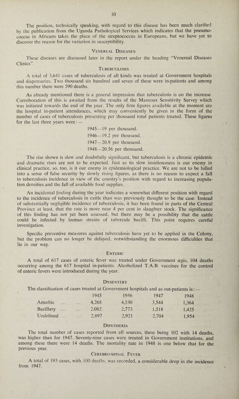 io The position, technically speaking, with regard to this disease has been much clarified by the publication from the Uganda Pathological Services which indicates that the pneumo¬ coccus in Africans takes the place of the streptococcus in Europeans, but we have yet to discover the reason for the variation in susceptibility. Venereal Diseases These diseases are discussed later in the report under the heading “Venereal Diseases Clinics”. Tuberculosis A total of 3,641 cases of tuberculosis of all kinds was treated at Government hospitals and dispensaries. Two thousand six hundred and seven of these were in-patients and among this number there were 590 deaths. As already mentioned there is a general impression that tuberculosis is on the increase. Corroboration of this is awaited from the results of the Mantoux Sensitivity Survey which was initiated towards the end of the year. The only firm figures available at the moment are the hospital in-patient attendances, which may conveniently be given in the form of the number of cases of tuberculosis presenting per thousand total patients treated. These figures for the last three years were: — 1945— 19 per thousand. 1946— 19.2 per thousand. 1947— 20.9 per thousand. 1948— 20.56 per thousand. The rise shown is slow and doubtfully significant, but tuberculosis is a chronic epidemic and dramatic rises are not to be expected. Just as its slow insidiousness is our enemy in clinical practice, so, too, is it our enemy in epidemiological practice. We are not to be lulled into a sense of false security by slowly rising figures, as there is no reason to expect a fall in tuberculosis incidence in view of the country’s position with regard to increasing popula¬ tion densities and the fall of available food supplies. An incidental finding during the year indicates a somewhat different position with regard to the incidence of tuberculosis in cattle than was previously thought to be the case. Instead of substantially negligible incidence of tuberculosis, it has been found in parts of the Central Province at least, that the rate is more near 4 per cent in slaughter stock. The significance of this finding has not yet been assessed, but there may be a possibility that the cattle could be infected by human strains of tubercule bacilli. This point requires careful investigation. Specific preventive measures against tuberculosis have yet to be applied in the Colony, but the problem can no longer be delayed, notwithstanding the enormous difficulties that lie in our way. Enteric A total of 617 cases of enteric fever was treated under Government aegis, 104 deaths occurring among the 617 hospital in-patients. Alcoholized T.A.B. vaccines for the control of enteric fevers were introduced during the year. Dysentery The classification of cases treated at Government hospitals and as out-patients is: — 1945 1946 1947 1948 Amoebic 4,268 4,530 3,544 1,364 Bacillary 2.082 2,773 1,518 1,425 Undefined ... 2.897 2,921 2,704 1,954 Diphtheria The total number of cases reported from all sources, these being 102 with 14 deaths, was higher than for 1947. Seventy-nine cases were treated in Government institutions, and among these there were 14 deaths. The mortality rate in 1948 is one below that for the previous year. Cerebrospinal Fever A total of 193 cases, with 100 deaths, was recorded, a considerable drop in the incidence from 1947.
