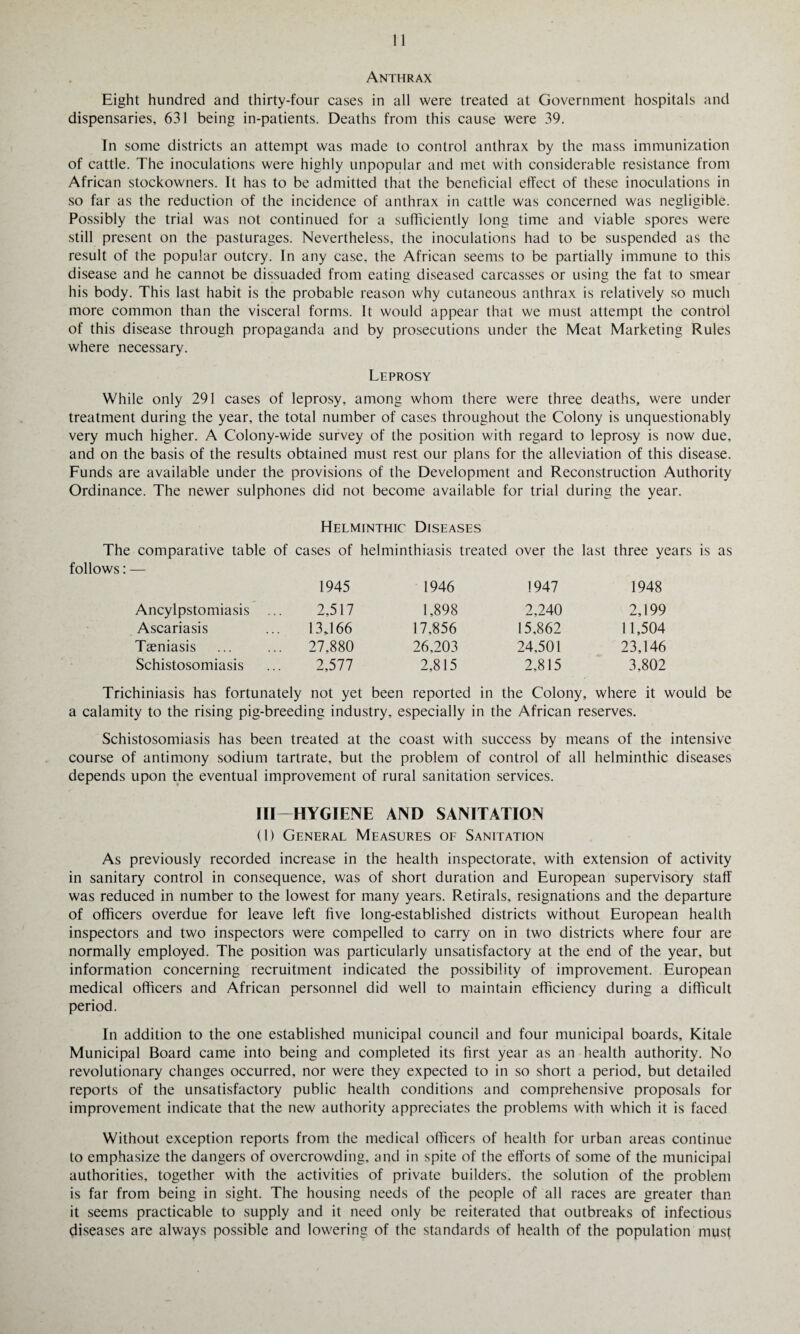 Anthrax Eight hundred and thirty-four cases in all were treated at Government hospitals and dispensaries, 631 being in-patients. Deaths from this cause were 39. In some districts an attempt was made to control anthrax by the mass immunization of cattle. The inoculations were highly unpopular and met with considerable resistance from African stockowners. It has to be admitted that the beneficial effect of these inoculations in so far as the reduction of the incidence of anthrax in cattle was concerned was negligible. Possibly the trial was not continued for a sufficiently long time and viable spores were still present on the pasturages. Nevertheless, the inoculations had to be suspended as the result of the popular outcry. In any case, the African seems to be partially immune to this disease and he cannot be dissuaded from eating diseased carcasses or using the fat to smear his body. This last habit is the probable reason why cutaneous anthrax is relatively so much more common than the visceral forms. It would appear that we must attempt the control of this disease through propaganda and by prosecutions under the Meat Marketing Rules where necessary. Leprosy While only 291 cases of leprosy, among whom there were three deaths, were under treatment during the year, the total number of cases throughout the Colony is unquestionably very much higher. A Colony-wide survey of the position with regard to leprosy is now due, and on the basis of the results obtained must rest our plans for the alleviation of this disease. Funds are available under the provisions of the Development and Reconstruction Authority Ordinance. The newer sulphones did not become available for trial during the year. Helminthic Diseases The comparative table of cases of helminthiasis treated over the last three years is as follows: — 1945 1946 1947 1948 Ancylpstomiasis .. 2,517 1,898 2,240 2,199 Ascariasis 13*166 17,856 15,862 11,504 Taeniasis . 27,880 26,203 24,501 23,146 Schistosomiasis 2,577 2,815 2.815 3.802 Trichiniasis has fortunately not yet been reported in the Colony, where it would be a calamity to the rising pig-breeding industry, especially in the African reserves. Schistosomiasis has been treated at the coast with success by means of the intensive course of antimony sodium tartrate, but the problem of control of all helminthic diseases depends upon the eventual improvement of rural sanitation services. Ill—HYGIENE AND SANITATION (1) General Measures of Sanitation As previously recorded increase in the health inspectorate, with extension of activity in sanitary control in consequence, was of short duration and European supervisory staff was reduced in number to the lowest for many years. Retirals, resignations and the departure of officers overdue for leave left five long-established districts without European health inspectors and two inspectors were compelled to carry on in two districts where four are normally employed. The position was particularly unsatisfactory at the end of the year, but information concerning recruitment indicated the possibility of improvement. European medical officers and African personnel did well to maintain efficiency during a difficult period. In addition to the one established municipal council and four municipal boards, Kitale Municipal Board came into being and completed its first year as an health authority. No revolutionary changes occurred, nor were they expected to in so short a period, but detailed reports of the unsatisfactory public health conditions and comprehensive proposals for improvement indicate that the new authority appreciates the problems with which it is faced Without exception reports from the medical officers of health for urban areas continue to emphasize the dangers of overcrowding, and in spite of the efforts of some of the municipal authorities, together with the activities of private builders, the solution of the problem is far from being in sight. The housing needs of the people of all races are greater than it seems practicable to supply and it need only be reiterated that outbreaks of infectious diseases are always possible and lowering of the standards of health of the population must