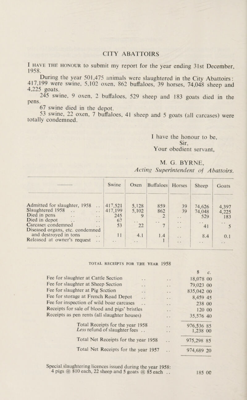 CITY ABATTOIRS I have the honour to submit my report for the year ending 31st December 1958. During the year 501,475 animals were slaughtered in the City Abattoirs: 417,199 were swine, 5,102 oxen, 862 buffaloes, 39 horses, 74,048 sheep and 4,225 goats. 245 swine, 9 oxen, 2 buffaloes, 529 sheep and 183 goats died in the pens. 67 swine died in the depot. 53 swine, 22 oxen, 7 buffaloes, 41 sheep and 5 goats (all carcases) were totally condemned. I have the honour to be. Sir, Your obedient servant, M. G. BYRNE, Acting Superintendent of Abattoirs. Swine Admitted for slaughter, 1958 .. 417,521 Slaughtered 1958 417,199 Died in pens 245 Died in depot 67 Carcases condemned 53 Diseased organs, etc. condemned and destroyed in tons 11 Released at owner’s request Oxen Buffaloes Horses Sheep Goats 5,128 859 39 74,626 4,397 5,102 862 39 74,048 4,225 9 2 529 183 '22 7 • • ’ 41 5 4.1 * 1.4 1 8.4 * * 0.1 TOTAL RECEIPTS FOR THE YEAR 1958 $ c. Fee for slaughter at Cattle Section Fee for slaughter at Sheep Section Fee for slaughter at Pig Section Fee for storage at French Road Depot Fee for inspection of wild boar carcases Receipts for sale of blood and pigs’ bristles Receipts as pen rents (all slaughter houses) 18,078 00 79,023 00 835,042 00 8,459 45 238 00 120 00 35,576 40 Total Receipts for the year 1958 Less refund of slaughter fees .. 976,536 85 1,238 00 Total Net Receipts for the year 1958 975,298 85 Total Net Receipts for the year 1957 974,689 20 Special slaughtering licences issued during the year 1958: