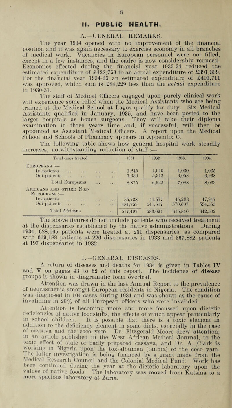 II.—PUBLIC HEALTH. A.—GENERAL REMARKS. The year 1934 opened with no improvement of the financial position and it was again necessary to exercise economy in all branches of medical work. Vacancies in European personnel were not filled, except in a few instances, and the cadre is now considerably reduced. Economies effected during the financial year 1933-34 reduced the estimated expenditure of £432,756 to an actual expenditure of £391,339. For the financial year 1934-35 an estimated expenditure of £401,711 was approved, which sum is £84,229 less than the actual expenditure in 1930-31. The staff of Medical Officers engaged upon purely clinical work will experience some relief when the Medical Assistants who are being trained at the Medical School at Lagos qualify for duty. Six Medical Assistants qualified in January, 1935, and have been posted to the larger hospitals as house surgeons. They will take their diploma examination in three years time and, if successful, will then be appointed as Assistant Medical Officers. A report upon the Medical School and Schools of Pharmacy appears in Appendix C. The following table shows how general hospital work steadily increases, notwithstanding reduction of staff :— Total cases treated. 1931. 1932. 1933. 1934. Europeans:— In-patients Out-patients Total Europeans . Africans and other Non- Europeans :— In-patients Out-patients Total Africans 1,245 7,(530 1,010 5,912 1,030 6,058 1,065 6,968 8,875 6,922 7,088 8,033 35,738 481,750 41,577 541,517 45,233 570,607 47,947 594,555 517,497 583,094 615,840 642,502 The above figures do not include patients who received treatment at the dispensaries established by the native administrations During 1934, 628,065 patients were treated at 231 dispensaries, as compared with 619,188 patients at 226 dispensaries in 1933 and 367,882 patients at 197 dispensaries in 1932. 1.-GENERAL DISEASES. A return of diseases and deaths for 1934 is given in Tables IV and V on pages 43 to 62 of this report. The incidence of disease groups is shown in diagramatic form overleaf. Attention was drawn in the last Annual Report to the prevalence of neurasthenia amongst European residents in Nigeria. The condition was diagnosed in 104 cases during 1934 and was shown as the cause of invaliding in 20% of all European officers who were invalided. Attention is becoming more and more focussed upon dietetic deficiencies of native foodstuffs, the effects of which appear particularly in school children. It is possible that there is a toxic element in addition to the deficiency element in some diets, especially in the case of cassava and the coco yam. Dr. Fitzgerald Moore drew attention, in an article published in the West African Medical Journal, to the toxic effect of stale or badly prepared cassava, and Dr. A. Clark is working in Nigeria upon the tox-albumen (tannia) of the coco yam. 1 he latter investigation is being financed by a grant made from the Medical Research Council and the Colonial Medical Fund. Work has been continued during the year at the dietetic laboratory upon the values of native foods. The laboratory was moved from Katsina to a more spacious laboratory at Zaria.