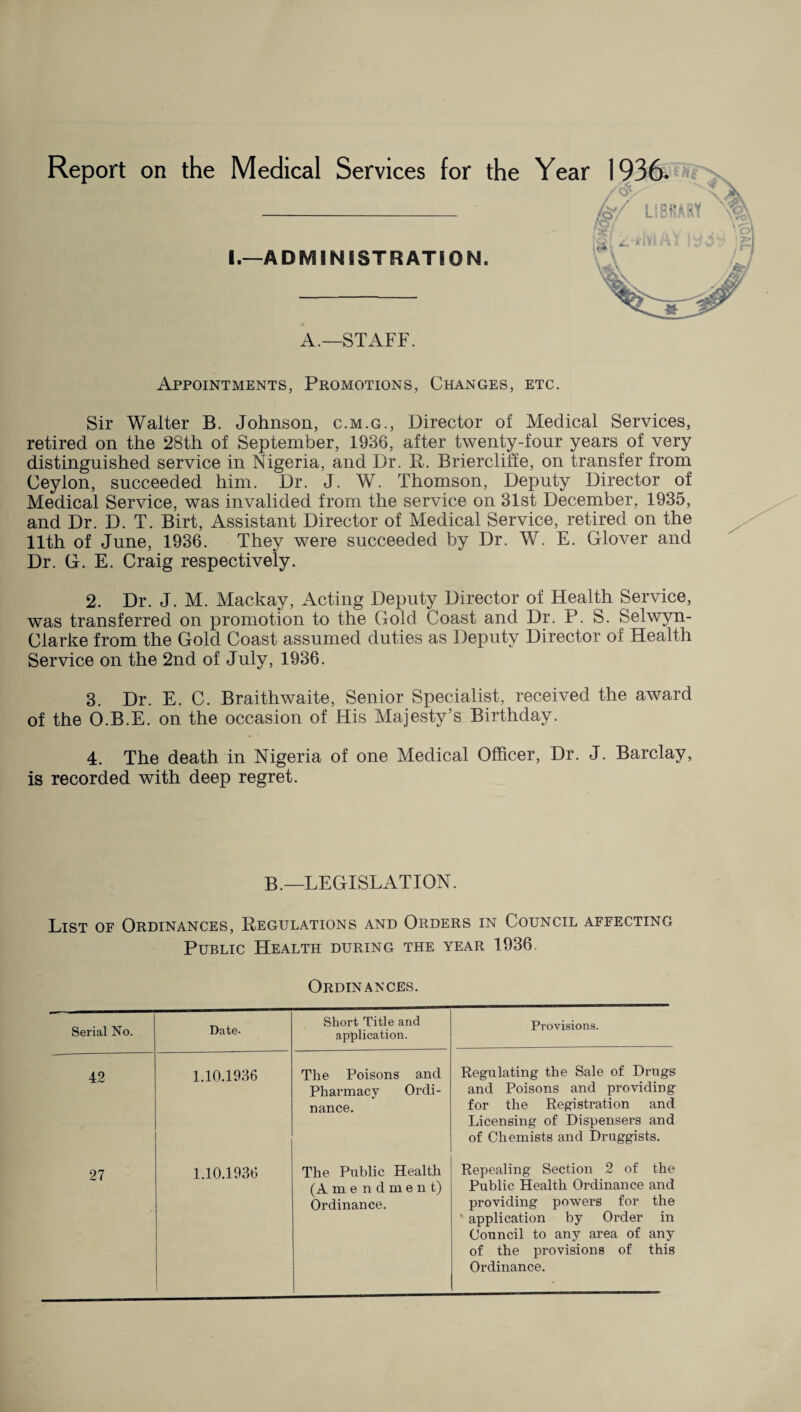 I.—ADMINISTRATION. ifimm * . . . j, , O ,• ■ a.V ' H k 9 & V ft ft A.—STAFF. Appointments, Promotions, Changes, etc. Sir Walter B. Johnson, c.m.g., Director of Medical Services, retired on the 28th of September, 1936, after twenty-four years of very distinguished service in Nigeria, and Dr. R. Briercliffe, on transfer from Ceylon, succeeded him. Dr. J. W. Thomson, Deputy Director of Medical Service, was invalided from the service on 31st December, 1935, and Dr. D. T. Birt, Assistant Director of Medical Service, retired on the 11th of June, 1936. They were succeeded by Dr. W. E. Glover and Dr. G. E. Craig respectively. 2. Dr. J. M. Mackay, Acting Deputy Director of Health Service, was transferred on promotion to the Gold Coast and Dr. P. S. Selwyn- Clarke from the Gold Coast assumed duties as Deputy Director of Health Service on the 2nd of July, 1936. 3. Dr. E. C. Braithwaite, Senior Specialist, received the award of the O.B.E. on the occasion of His Majesty’s Birthday. 4. The death in Nigeria of one Medical Officer, Dr. J. Barclay, is recorded with deep regret. B.— LEGISLATION. List of Ordinances, Regulations and Orders in Council affecting Public Health during the year 1936 Ordinances. Serial No. Date. Short Title and application. Provisions. 42 1.10.1936 The Poisons and Pharmacy Ordi¬ nance. Regulating the Sale of Drugs and Poisons and providing for the Registration and Licensing of Dispensers and of Chemists and Druggists. 27 1.10.1936 The Public Health (Amendmen t) Ordinance. Repealing Section 2 of the Public Health Ordinance and providing powers for the application by Order in Council to any area of any of the provisions of this Ordinance.