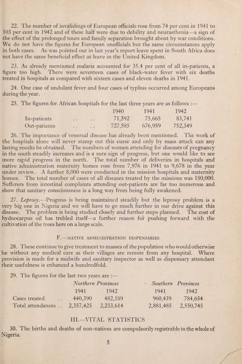 22. The number of invalidings of European officials'rose from 74 per cent in 1941 to 103 per cent in 1942 and of these half were due to debility and neurasthenia—a sign of the effect of the prolonged tours and family separation brought about by war conditions. We do not have the figures for European unofficials but the same circumstances apply in both cases. As was pointed out in last year’s report leave spent in South Africa does not have the same beneficial effect as leave in the United Kingdom. 23. As already mentioned malaria accounted for 35.4 per cent of all in-patients, a figure too high. There were seventeen cases of black-water fever with six deaths treated in hospitals as compared with sixteen cases and eleven deaths in 1941. 24. One case of undulant fever and four cases of typhus occurred among Europeans during the year. 25. The figures for African hospitals for the last three years are as follows :— 1940 1941 1942 In-patients .. .. 71,592 75,665 83,741 Out-patients .. .. 727,585 676,959 752,349 26. The importance of venereal disease has already been mentioned. The work of the hospitals alone will never stamp out this curse and only by mass attack can any lasting results be obtained. The numbers of women attending for diseases of pregnancy in the south steadily increases and is a sure sign of progress, but one would like to see more rapid progress in the north. The total number of deliveries in hospitals and native administration maternity homes rose from 7,976 in 1941 to 9,678 in the year under review. A further 8,000 were conducted in the mission hospitals and maternity homes. The total number of cases of all diseases treated by the missions was 180,000. Sufferers from intestinal complaints attending out-patients are far too numerous and show that sanitary consciousness is a long way from being fully awakened. 27. Leprosy.-—Progress is being maintained steadily but the leprosy problem is a very big one in Nigeria and we will have to go much further in our drive against this disease. The problem is being studied closely and further steps planned. The cost of hydnocarpus oil has trebled itself—a further reason for pushing forward with the cultivation of the trees here on a large scale. F.—NATIVE ADMINISTRATION DISPENSARIES 28. These continue to give treatment to masses of the population who would otherwise be without any medical care as their villages are remote from any hospital. Where provision is made for a midwife and sanitary inspector as well as dispensary attendant their usefulness is enhanced a hundredfold. 29. The figures for the last two years are :— Northern Provinces 1941 1942 Cases treated . . 440,390 482,189 Total attendances . . 2,357,425 2,233,614 III.—VITAL STATISTICS 30. The births and deaths of non-natives are compulsorily registrable in the whole of Nigeria. Southern Provinces 1941 1942 960,439 784,654 2,881,485 2,550,745