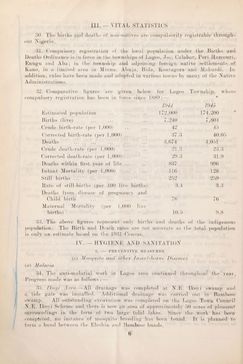 III. — VITAL STATISTICS 30. Tlie births and deaths of 11011-natives are compulsorily registrable through¬ out Nigeria. 31. Compulsory registration of the local population under the Births and Deaths Ordinance is in force in the townships of Lagos, Jos, Calabar, Port Harcourt, Enugu and Aba; in the township and adjoining foreign native .settlements of Kano, in a limited area in Minna, Abuja, Bida, Kontagora and Makurdi. I11 addition, rules have been made and adopted in various towns by many of the Native Administrations. 32. Comparative figures are given below for Lagos Township, where compulsory registration has been in force since 1889: — Q Estimated population nm 172,000 1945 174,200 Births (live) 7,240 7,804 Crude birth-rate (per 1,000) 42 45 Corrected birth-rate (per 1,000) ... 37.3 40.05 Deaths 3,674 4,051 Crude death-rate (per 1,000) 21 ,3 23.3 Corrected death-rate (per 1,000) ... 29.3 31.9 Deaths within first year of life ... 837 996 Infant Mortality (per 1,000) 116 128 Still births ... 252 259 Kate of still-births (per 100 live births) 3.4 3.3 Deaths from disease of pregnancy Child birth and 1 6 76 Maternal Mortality (per 1,000 births) .. live 10.5 9.8 33. The above figures represent only births and deaths of the indigenous population. The Birth and Death rates are not accurate as the total population is only an estimate based 011 the 1931 Census. IV. — HYGIENE AND SANITATION I. - PREVENTIVE .MEASURES (1) Mosquito and other 111 sect-hornc Diseases (a) Malaria 34. The anti-malarial work in Lagos area continued throughout the year Progress made was as follows: — 35. Jkoyi Area.—All drainage was completed at N.E. Ikoyi swamp and a tide gate was installed. Additional drainage was carried out in Bambose swamp. All outstanding excavation was completed on the Inigos Town Council N.E. Ikoyi Scheme and there is now an area of approximately 50 acres of pleasant surroundings in the form of two large tidal lakes. Since the work has been compTeted, no instance of mosquito breeding has Ik An found. Tt is planned to form a bund between the Elesliin and Bambose bunds.