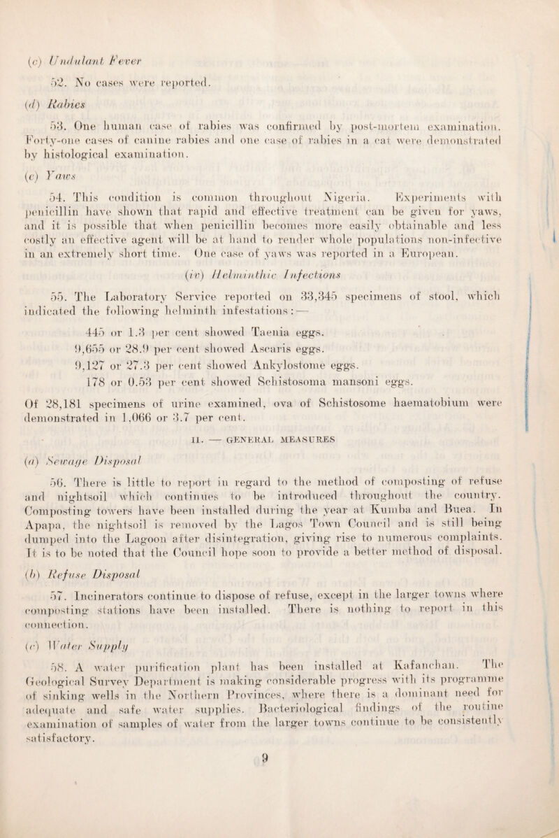 (c) Undid ant Fever 52. No cases were re {(l) Rabies 53. One human case of rabies was confirmed by post-mortem examination. Forty-one cases of canine rabies and one case of rabies in a cat were demonstrated by histological examination. (e) Yaws 54. This condition is common throughout Nigeria. Experiments with penicillin have shown that rapid and effective treatment can be given for yaws, and it is possible that when penicillin becomes more easily obtainable and less costly an effective agent will be at hand to render whole populations non-infective in an extremely short time. One case of yaws was reported in a European. (iv) Helminthic Infections 55. The Laboratory Service reported on 33,345 specimens of stool, which indicated the following helminth infestations: — 445 or 1.3 per cent showed Taenia eggs. 9,655 or 28.9 per cent showed Asearis eggs. 9,127 or 27.3 per cent showed Ankylostome eggs. 178 or 0.53 per cent showed Schistosoma mansoni eggs. Of 28,181 specimens of urine examined, ova of Schistosome haematobium were demonstrated in 1,066 or 3.7 per cent. n. general measures (a) Sewage Disposal 56. There is little to report in regard to the method of composting of refuse and nightsoil which continues to be introduced throughout the country. Composting* towers have been installed during* the year at Kumba and Buea. In Apapa, the nightsoil is removed by the Lagos Town Council and is still being dumped into the Lagoon after disintegration, giving rise to numerous complaints. It is to be noted that the Council hope soon to provide a better method of disposal. (b) Ref iise Disposal 57. Incinerators continue to dispose of refuse, except in the larger towns where composting stations have been installed. There is nothing to report in this connection. (c) Water Supply 58. A water purification plant has been installed at Kafanchan. I he Geological Survey Department is making considerable progress with its programme of sinking wells in the Northern Provinces, where there is a dominant need foi adequate and safe water supplies. Bacteriological findings of the routine examination of samples of water from the larger towns continue to be consistently satisfactory.