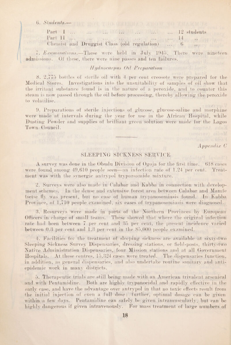 6. Students.— Part I ... ... ... ... ... ... ... 12 students Part II.14 Chemist and Druggist Class (old regulation) ... G ,, 7. Examinations.—Tliese were held in July 1945. There were admissions. Of these, there were nine passes and ten failures. H))dnocarpus Oil E reparation nineteen 8. 2,775 bottles of sterile oil with 4 per cent creosote were prepared for the Medical Stores. Investigations into the unsuitability of samples of oil show that the irritant substance found is in the nature of a peroxide, and to counter this steam is now passed through the oil before processing, thereby allowing the peroxide to volatilise. 9. Preparations of sterile injections of glucose, glucose-saline and morphine were made at intervals during the year for use in the African Hospital, while Dusting Powder and supplies of brilliant green solution were made for the Lagos Town Council. Appendix C SLEEPING SICKNESS SERVICE A survey was done in the Obudu Division of Ogoja for the first time. 618 cases were found among 49,610 people seen—an infection rate of 1.24 per cent. Treat¬ ment was with tlie synergic antrypol trypaivsaniide mixture. 2. Surveys were also made in Calabar and Kabba in connection with develop¬ ment schemes. In the dense and extensive forest area between Calabar and Mamfe tsetse fly was present, but no case of human trypanosomiasis found. In Ivabba Province, of 1,710 people examined, six cases of trypanosomiasis were diagnosed. 3. Resurveys were made in parts of the Northern Provinces by European Officers in charge of small teams. These showed that where the original infection rate had been between 7 per cent and 35 per cent, the present incidence varied between 0.3 per cent and 1.3 per cent in the 85,000 people examined. 4. Facilities for the treatment of sleeping sickness are available at sixty-two Sleeping Sickness Survey Dispensaries, dressing stations, or field-posts, thirty-two Native Administration Dispensaries, four Mission stations and at all Government Hospitals. At these centres, 15,324 cases were treated. The dispensaries function, in addition, as general dispensaries, and also undertake routine sanitary and anti¬ epidemic work in many districts. 5. Therapeutic trials are still being made with an American trivalent arsenical and with Pentamidine. Both are highly trypanocidal and rapidly effective in the early case, and have the advantage over antrypol in that no toxic effects result from the initial injection of even a full dose: further, optimal dosage can be given within a few days. Pentamidine can safely be given intramuscularly, but can be highly dangerous if given intravenously. For mass treatment of large numbers of