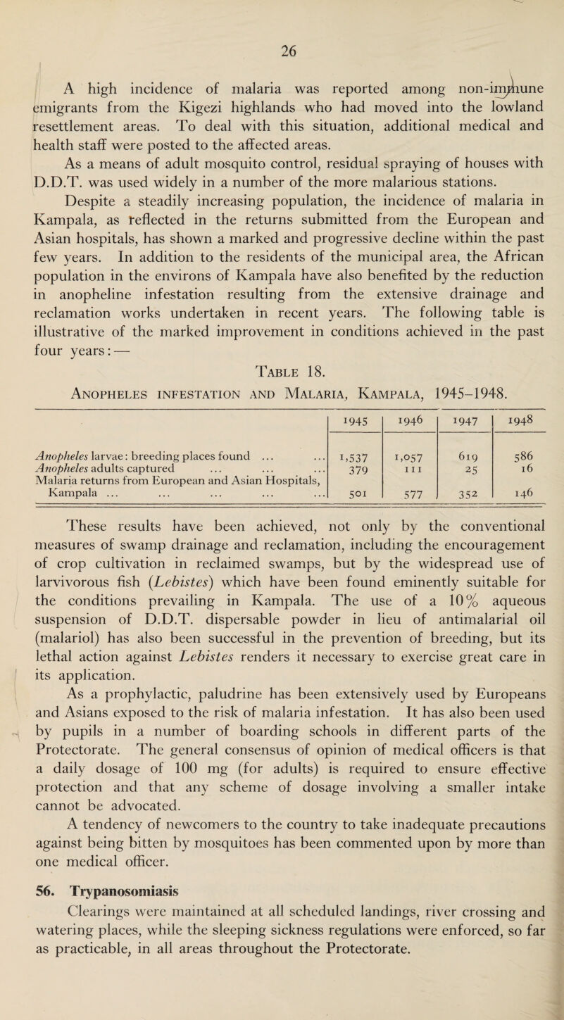 I A high incidence of malaria was reported among non-im^iune emigrants from the Kigezi highlands who had moved into the lowland resettlement areas. To deal with this situation, additional medical and health staff were posted to the affected areas. As a means of adult mosquito control, residual spraying of houses with D.D.T. was used widely in a number of the more malarious stations. Despite a steadily increasing population, the incidence of malaria in Kampala, as reflected in the returns submitted from the European and Asian hospitals, has shown a marked and progressive decline within the past few years. In addition to the residents of the municipal area, the African population in the environs of Kampala have also benefited by the reduction in anopheline infestation resulting from the extensive drainage and reclamation works undertaken in recent years. The following table is illustrative of the marked improvement in conditions achieved in the past four years: — Table 18. Anopheles infestation and Malaria, Kampala, 1945-1948. 1945 1946 1947 00 T On M Anopheles larvae: breeding places found ... 1 >537 L057 619 586 Anopheles adults captured Malaria returns from European and Asian Hospitals, 379 hi 25 16 Kampala ... 50i 577 352 146 These results have been achieved, not only by the conventional measures of swamp drainage and reclamation, including the encouragement of crop cultivation in reclaimed swamps, but by the widespread use of larvivorous fish (.Lebistes) which have been found eminently suitable for the conditions prevailing in Kampala. The use of a 10% aqueous suspension of D.D.T. dispersable powder in lieu of antimalarial oil (malariol) has also been successful in the prevention of breeding, but its lethal action against Lebistes renders it necessary to exercise great care in its application. As a prophylactic, paludrine has been extensively used by Europeans and Asians exposed to the risk of malaria infestation. It has also been used by pupils in a number of boarding schools in different parts of the Protectorate. The general consensus of opinion of medical officers is that a daily dosage of 100 mg (for adults) is required to ensure effective protection and that any scheme of dosage involving a smaller intake cannot be advocated. A tendency of newcomers to the country to take inadequate precautions against being bitten by mosquitoes has been commented upon by more than one medical officer. 56. Trypanosomiasis Clearings were maintained at all scheduled landings, river crossing and watering places, while the sleeping sickness regulations were enforced, so far as practicable, in all areas throughout the Protectorate.
