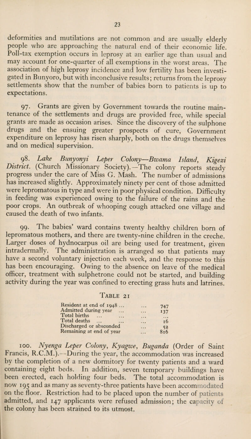 deformities and mutilations are not common and are usually elderly people who are approaching the natural end of their economic life. Poll-tax exemption occurs in leprosy at an earlier age than usual and may account for one-quarter of all exemptions in the worst areas. The association of high leprosy incidence and low fertility has been investi¬ gated in Bunyoro, but with inconclusive results; returns from the leprosy settlements show that the number of babies born to patients is up to expectations. 97. Grants are given by Government towards the routine main¬ tenance of the settlements and drugs are provided free, while special grants are made as occasion arises. Since the discovery of the sulphone drugs and the ensuing greater prospects of cure, Government expenditure on leprosy has risen sharply, both on the drugs themselves and on medical supervision. 98. Lake Bunyonyi Leper Colony—Bwama Island, Kigezi District. (Church Missionary Society).—The colony reports steady progress under the care of Miss G. Mash. The number of admissions has increased slightly. Approximately ninety per cent of those admitted were lepromatous in type and were in poor physical condition. Difficulty in feeding was experienced owing to the failure of the rains and the poor crops. An outbreak of whooping cough attacked one village and caused the death of two infants. 99. The babies’ ward contains twenty healthy children born of lepromatous mothers, and there are twenty-nine children in the creche. Larger doses of hydnocarpus oil are being used for treatment, given intradermally. The administration is arranged so that patients may have a second voluntary injection each week, and the response to this has been encouraging. Owing to the absence on leave of the medical officer, treatment with sulphetrone could not be started, and building activity during the year was confined to erecting grass huts and latrines. 'Fable 21 Resident at end of 1948 ... ... 747 Admitted during year ... ... 137 Total births Total deaths ... ... ... 16 Discharged or absconded ... 152 Remaining at end of year ... 816 100. Nyenga Leper Colony, Kyagwe, BUganda (Order of Saint Francis, R.C.M.).—During the year, the accommodation was increased by the completion of a new dormitory for twentv patients and a ward containing eight beds. In addition, seven temporary buildings have been erected, each holding four beds. The total accommodation is now 195 and as many as seventy-three patients have been accommodated on the floor. Restriction had to be placed upon the number of patients admitted, and 147 applicants were refused admission; the capacity of the colony has been strained to its utmost.