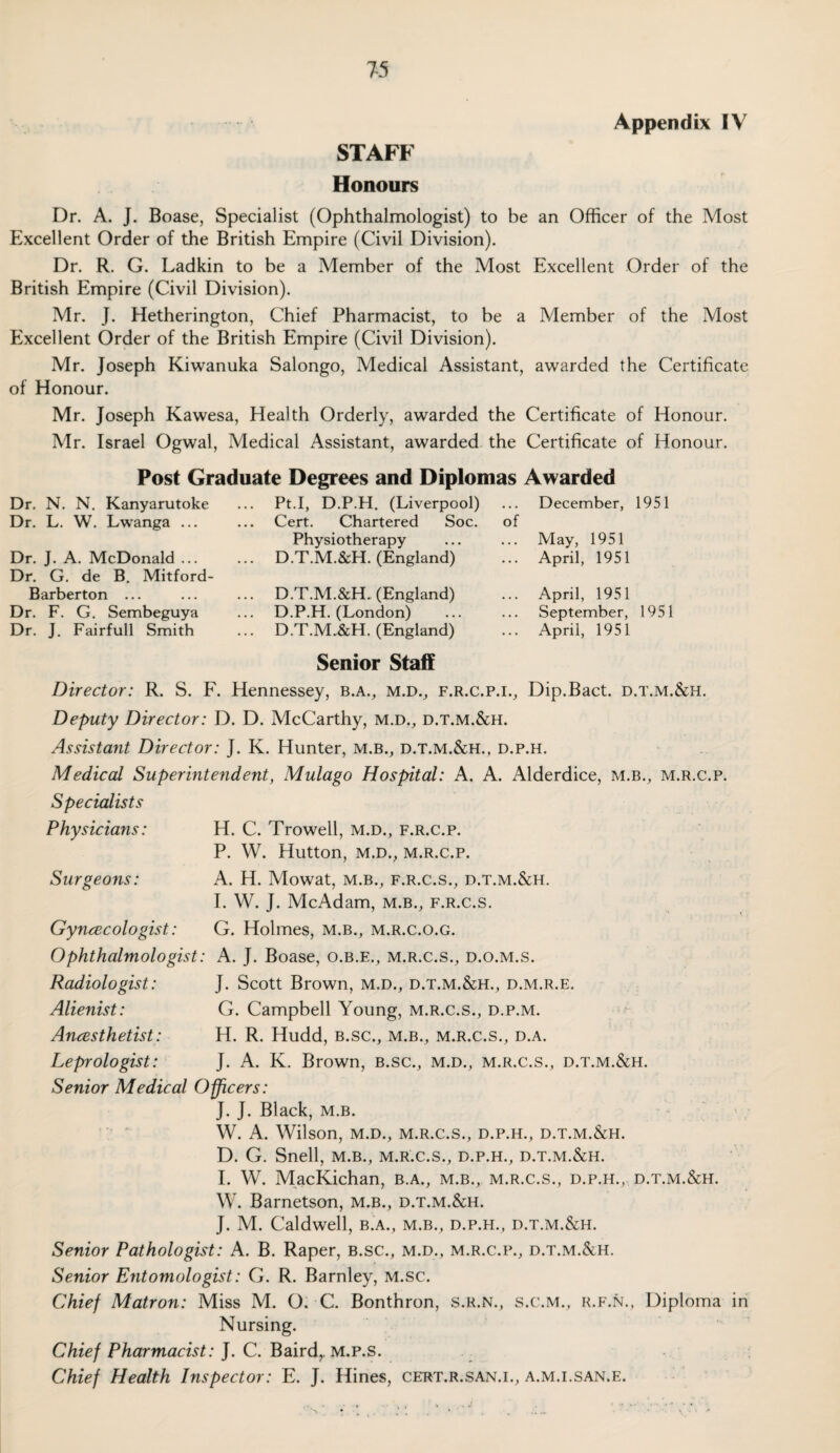 Appendix IV STAFF Honours Dr. A. J. Boase, Specialist (Ophthalmologist) to be an Officer of the Most Excellent Order of the British Empire (Civil Division). Dr. R. G. Ladkin to be a Member of the Most Excellent Order of the British Empire (Civil Division). Mr. J. Hetherington, Chief Pharmacist, to be a Member of the Most Excellent Order of the British Empire (Civil Division). Mr. Joseph Kiwanuka Salongo, Medical Assistant, awarded the Certificate of Honour. Mr. Joseph Kawesa, Health Orderly, awarded the Certificate of Honour. Mr. Israel Ogwal, Medical Assistant, awarded the Certificate of Honour. Post Graduate Degrees and Diplomas Awarded Dr. N. N. Kanyarutoke Dr. L. W. Lwanga ... Dr. J. A. McDonald ... Dr. G. de B. Mitford- Barberton ... Dr. F. G. Sembeguya Dr. J. Fairfull Smith Pt.I, D.P.H. (Liverpool) Cert. Chartered Soc. Physiotherapy D.T.M.&H. (England) D.T.M.&H. (England) D.P.H. (London) D.T.M.&H. (England) of December, 1951 May, 1951 April, 1951 April, 1951 September, 1951 April, 1951 Senior Staff Director: R. S. F. Hennessey, b.a., m.d., f.r.c.p.i., Dip.Bact. d.t.m.&h. Deputy Director: D. D. McCarthy, m.d., d.t.m.&h. Assistant Director: J. K. Hunter, m.b., d.t.m.&h., d.p.h. Medical Superintendent, Mulago Hospital: A. A. Alderdice, m.b., m.r.c.p. Specialists Physicians: Surgeons: Gyncecologist: H. C. Trowell, m.d., f.r.c.p. P. W. Hutton, M.D., M.R.C.P. A. H. Mowat, M.B., F.R.C.S., d.t.m.&h. I. W. J. McAdam, m.b., f.r.c.s. G. Holmes, m.b., m.r.c.o.g. Ophthalmologist: A. J. Boase, o.b.e., m.r.c.s., d.o.m.s. Radiologist: J. Scott Brown, m.d., d.t.m.&h., d.m.r.e. Alienist: G. Campbell Young, m.r.c.s., d.p.m. Anaesthetist: H. R. Hudd, b.sc., m.b., m.r.c.s., d.a. Leprologist: J. A. K. Brown, b.sc., m.d., m.r.c.s., d.t.m.&h. Senior Medical Officers: J. J. Black, m.b. W. A. Wilson, M.D., m.r.c.s., d.p.h., d.t.m.&h. D. G. Snell, m.b., m.r.c.s., d.p.h., d.t.m.&h. I. W. MacKichan, b.a., m.b., m.r.c.s., d.p.h., d.t.m.&h. W. Barnetson, m.b., d.t.m.&h. J. M. Caldwell, b.a., m.b., d.p.h., d.t.m.&h. Senior Pathologist: A. B. Raper, b.sc., m.d., m.r.c.p., d.t.m.&h. Senior Entomologist: G. R. Barnley, m.sc. Chief Matron: Miss M. O. C. Bonthron, s.r.n., s.c.m., r.f.n., Diploma in Nursing. Chief Pharmacist: J. C. Baird,, m.p.s. Chief Health Inspector: E. J. Hines, cert.r.san.i., a.m.i.san.e.