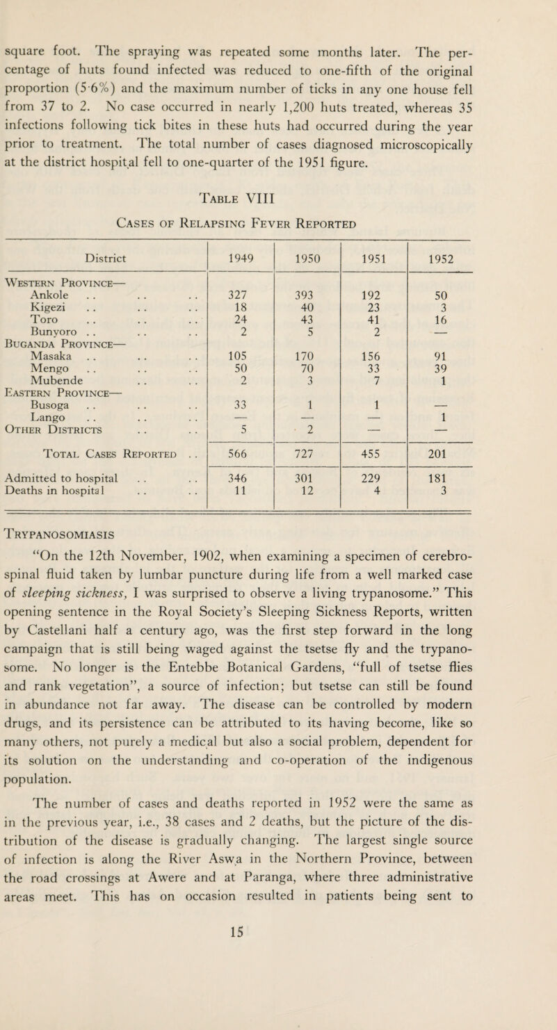 square foot. The spraying was repeated some months later. The per¬ centage of huts found infected was reduced to one-fifth of the original proportion (5 6%) and the maximum number of ticks in any one house fell from 37 to 2. No case occurred in nearly 1,200 huts treated, whereas 35 infections following tick bites in these huts had occurred during the year prior to treatment. The total number of cases diagnosed microscopically at the district hospital fell to one-quarter of the 1951 figure. Table VIII Cases of Relapsing Fever Reported District 1949 1950 1951 1952 Western Province— Ankole 327 393 192 50 Kigezi 18 40 23 3 Toro 24 43 41 16 Bunyoro . . 2 5 2 — Buganda Province— Masaka 105 170 156 91 Mengo 50 70 33 39 Mubende 2 3 7 1 Eastern Province— Busoga 33 1 1 — Lango — — — 1 Other Districts 5 2 — — Total Cases Reported . . 566 727 455 201 Admitted to hospital 346 301 229 181 Deaths in hospital 11 12 4 3 Trypanosomiasis “On the 12th November, 1902, when examining a specimen of cerebro¬ spinal fluid taken by lumbar puncture during life from a well marked case of sleeping sickness, I was surprised to observe a living trypanosome.” This opening sentence in the Royal Society’s Sleeping Sickness Reports, written by Castellani half a century ago, was the first step forward in the long campaign that is still being waged against the tsetse fly and the trypano¬ some. No longer is the Entebbe Botanical Gardens, “full of tsetse flies and rank vegetation”, a source of infection; but tsetse can still be found in abundance not far away. The disease can be controlled by modern drugs, and its persistence can be attributed to its having become, like so many others, not purely a medical but also a social problem, dependent for its solution on the understanding and co-operation of the indigenous population. The number of cases and deaths reported in 1952 were the same as in the previous year, i.e., 38 cases and 2 deaths, but the picture of the dis¬ tribution of the disease is gradually changing. The largest single source of infection is along the River Aswa in the Northern Province, between the road crossings at Awere and at Paranga, where three administrative areas meet. This has on occasion resulted in patients being sent to
