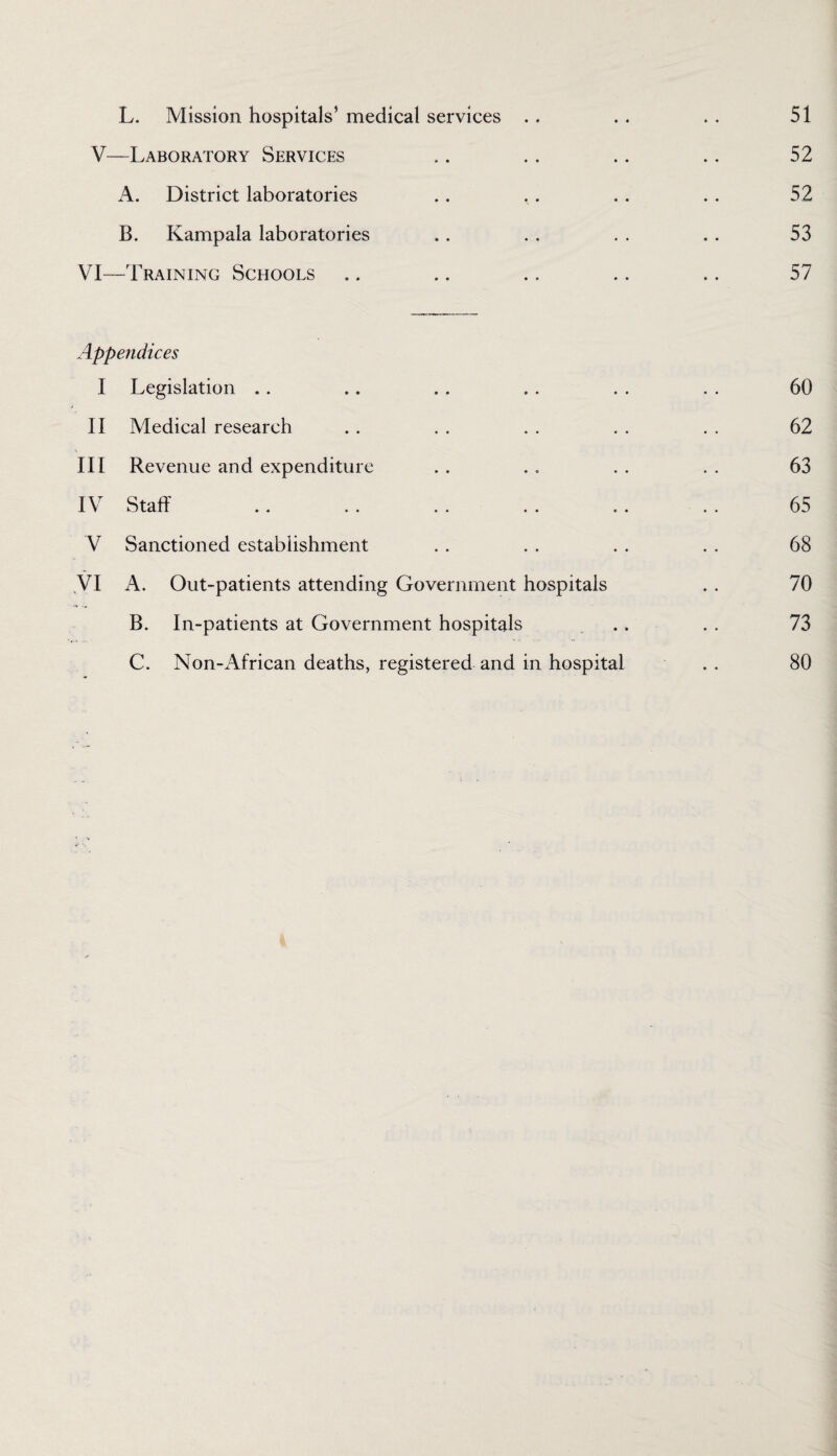 L. Mission hospitals’ medical services . . . . . . 51 V—Laboratory Services .. .. .. .. 52 A. District laboratories .. ,. . . . . 52 B. Kampala laboratories .. . . . . . . 53 VI—Training Schools .. .. .. .. .. 57 Appendices I Legislation .. .. .. .. . . . . 60 II Medical research . . . . . . . . . . 62 III Revenue and expenditure .. . . .. .. 63 IV Staff .. .. .. .. .. . . 65 V Sanctioned establishment . . . . . . . . 68 VI A. Out-patients attending Government hospitals . . 70 B. In-patients at Government hospitals ., . . 73 C. Non-African deaths, registered and in hospital . . 80