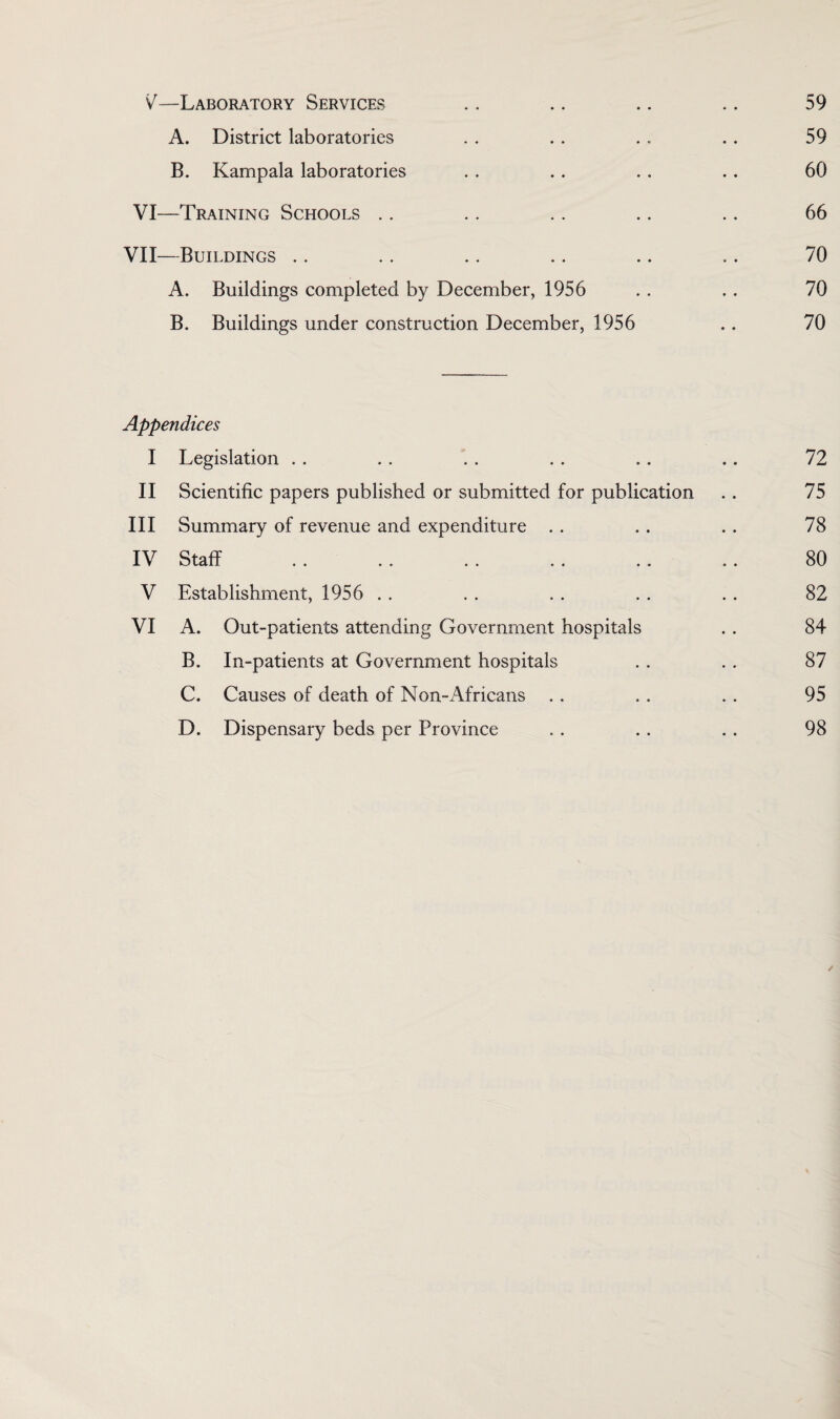 A. District laboratories . . . . .. .. 59 B. Kampala laboratories . . .. .. .. 60 VI—Training Schools .. .. .. .. .. 66 VII—Buildings .. .. .. .. .. .. 70 A. Buildings completed by December, 1956 .. .. 70 B. Buildings under construction December, 1956 .. 70 Appendices I Legislation .. .. .. .. .. .. 72 II Scientific papers published or submitted for publication .. 75 III Summary of revenue and expenditure . . .. .. 78 IV Staff .. .. .. .. .. .. 80 V Establishment, 1956 . . . . . . . . . . 82 VI A. Out-patients attending Government hospitals .. 84 B. In-patients at Government hospitals . . .. 87 C. Causes of death of Non-Africans . . . . . . 95 D. Dispensary beds per Province . . .. . . 98 /
