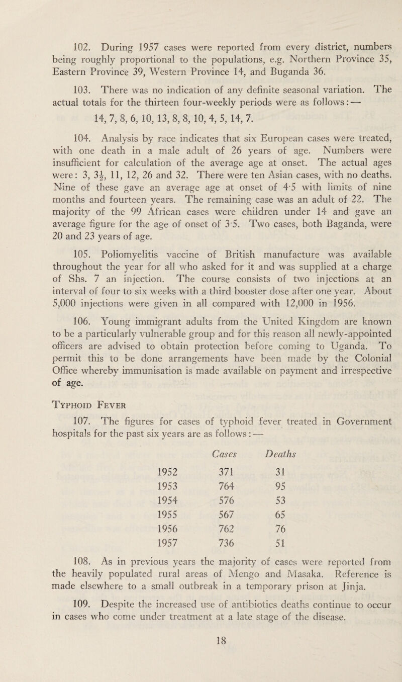 102. During 1957 cases were reported from every district, numbers being roughly proportional to the populations, e.g. Northern Province 35, Eastern Province 39, Western Province 14, and Buganda 36. 103. There was no indication of any definite seasonal variation. The actual totals for the thirteen four-weekly periods were as follows: *— 14, 7, 8, 6, 10, 13, 8, 8, 10, 4, 5, 14, 7. 104. Analysis by race indicates that six European cases were treated, with one death in a male adult of 26 years of age. Numbers were insufficient for calculation of the average age at onset. The actual ages were: 3, 3|-, 11, 12, 26 and 32. There were ten Asian cases, with no deaths. Nine of these gave an average age at onset of 4-5 with limits of nine months and fourteen years. The remaining case was an adult of 22. The majority of the 99 African cases were children under 14 and gave an average figure for the age of onset of 3-5. Two cases, both Baganda, were 20 and 23 years of age. 105. Poliomyelitis vaccine of British manufacture was available throughout the year for all who asked for it and was supplied at a charge of Shs. 7 an injection. The course consists of two injections at an interval of four to six weeks with a third booster dose after one year. About 5,000 injections were given in all compared with 12,000 in 1956. 106. Young immigrant adults from the United Kingdom are known to be a particularly vulnerable group and for this reason all newly-appointed officers are advised to obtain protection before coming to Uganda. To permit this to be done arrangements have been made by the Colonial Office whereby immunisation is made available on payment and irrespective of age. Typhoid Fever 107. The figures for cases of typhoid fever treated in Government hospitals for the past six years are as follows : — Cases Deaths 1952 371 31 1953 764 95 1954 576 53 1955 567 65 1956 762 76 1957 736 51 108. As in previous years the majority of cases were reported from the heavily populated rural areas of Mengo and Masaka. Reference is made elsewhere to a small outbreak in a temporary prison at Jinja. 109. Despite the increased use of antibiotics deaths continue to occur in cases who come under treatment at a late stage of the disease.