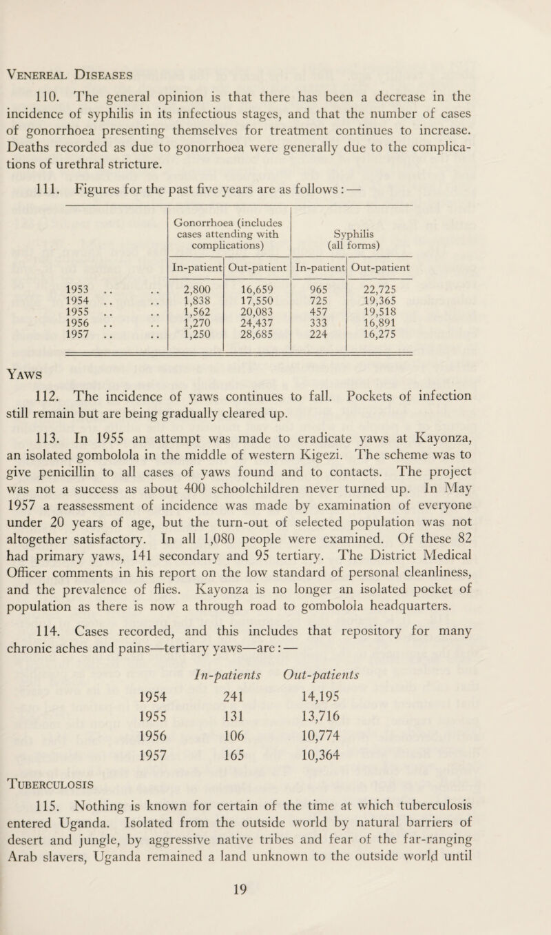 Venereal Diseases 110. The general opinion is that there has been a decrease in the incidence of syphilis in its infectious stages, and that the number of cases of gonorrhoea presenting themselves for treatment continues to increase. Deaths recorded as due to gonorrhoea were generally due to the complica¬ tions of urethral stricture. 111. Figures for the past five years are as follows : — Gonorrhoea (includes cases attending with Syphilis complications) (all forms) In-patient Out-patient In-patient Out-patient 1953 .. 2,800 16,659 965 22,725 1954 .. 1,838 17,550 725 19,365 1955 .. 1,562 20,083 457 19,518 1956 .. 1,270 24,437 333 16,891 1957 .. 1,250 28,685 224 16,275 Yaws 112. The incidence of yaws continues to fall. Pockets of infection still remain but are being gradually cleared up. 113. In 1955 an attempt was made to eradicate yaws at Kayonza, an isolated gombolola in the middle of western Kigezi. The scheme was to give penicillin to all cases of yaws found and to contacts. The project was not a success as about 400 schoolchildren never turned up. In May 1957 a reassessment of incidence was made by examination of everyone under 20 years of age, but the turn-out of selected population was not altogether satisfactory. In all 1,080 people were examined. Of these 82 had primary yaws, 141 secondary and 95 tertiary. The District Medical Officer comments in his report on the low standard of personal cleanliness, and the prevalence of flies. Kayonza is no longer an isolated pocket of population as there is now a through road to gombolola headquarters. 114. Cases recorded, and this includes that repository for many chronic aches and pains—tertiary yaws—are : — In-patients Out-patients 1954 241 14,195 1955 131 13,716 1956 106 10,774 1957 165 10,364 Tuberculosis 115. Nothing is known for certain of the time at which tuberculosis entered Uganda. Isolated from the outside world by natural barriers of desert and jungle, by aggressive native tribes and fear of the far-ranging Arab slavers, Uganda remained a land unknown to the outside world until