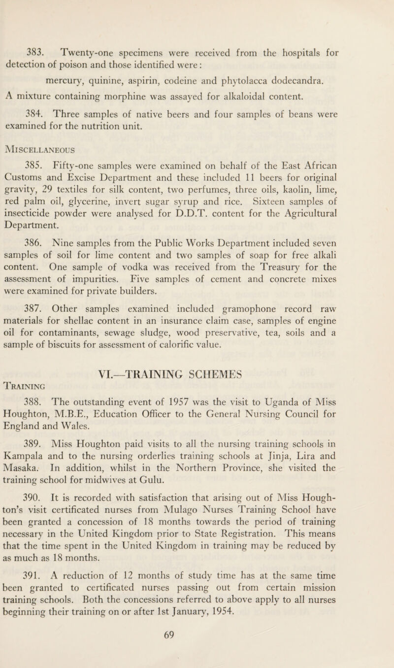 383. Twenty-one specimens were received from the hospitals for detection of poison and those identified were : mercury, quinine, aspirin, codeine and phytolacca dodecandra. A mixture containing morphine was assayed for alkaloidal content. 384. Three samples of native beers and four samples of beans were examined for the nutrition unit. Miscellaneous 385. Fifty-one samples were examined on behalf of the East African Customs and Excise Department and these included 11 beers for original gravity, 29 textiles for silk content, two perfumes, three oils, kaolin, lime, red palm oil, glycerine, invert sugar syrup and rice. Sixteen samples of insecticide powder were analysed for D.D.T. content for the Agricultural Department. 386. Nine samples from the Public Works Department included seven samples of soil for lime content and two samples of soap for free alkali content. One sample of vodka was received from the Treasury for the assessment of impurities. Five samples of cement and concrete mixes were examined for private builders. 387. Other samples examined included gramophone record raw materials for shellac content in an insurance claim case, samples of engine oil for contaminants, sewage sludge, wood preservative, tea, soils and a sample of biscuits for assessment of calorific value. VI.—TRAINING SCHEMES Training 388. The outstanding event of 1957 was the visit to Uganda of Miss Houghton, M.B.E., Education Officer to the General Nursing Council for England and Wales. 389. Miss Houghton paid visits to all the nursing training schools in Kampala and to the nursing orderlies training schools at Jinja, Lira and Masaka. In addition, whilst in the Northern Province, she visited the training school for midwives at Gulu. 390. It is recorded with satisfaction that arising out of Miss Hough¬ ton’s visit certificated nurses from Mulago Nurses Training School have been granted a concession of 18 months towards the period of training necessary in the United Kingdom prior to State Registration. This means that the time spent in the United Kingdom in training may be reduced by as much as 18 months. 391. A reduction of 12 months of study time has at the same time been granted to certificated nurses passing out from certain mission training schools. Both the concessions referred to above apply to all nurses beginning their training on or after 1st January, 1954.