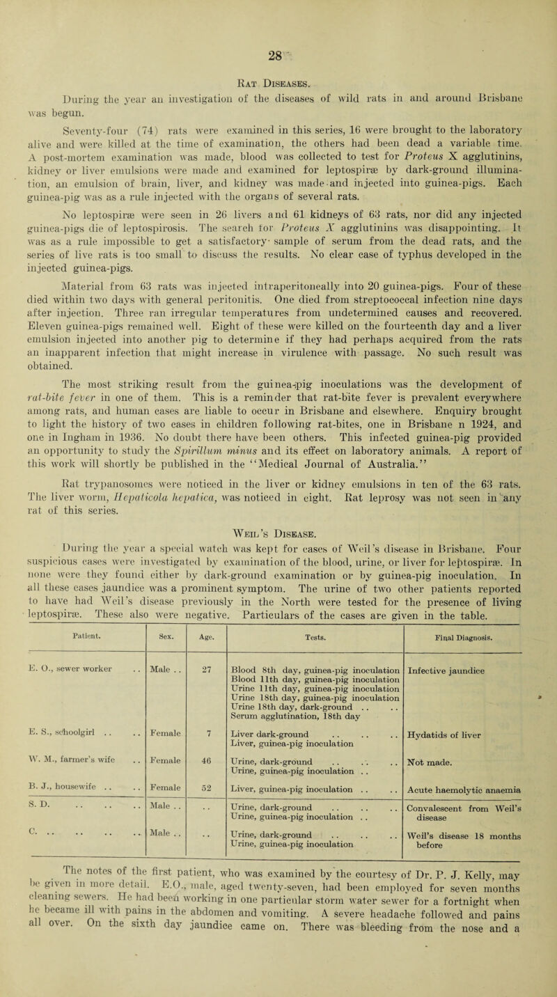 Rat Diseases. During the year an investigation of the diseases of wild rats in and around Brisbane was begun. Seventy-four (74) rats were examined in this series, 16 were brought to the laboratory alive and were killed at the time of examination, the others had been dead a variable time. A post-mortem examination was made, blood was collected to test for Proteus X agglutinins, kidney or liver emulsions were made and examined for leptospirte by dark-ground illumina¬ tion, an emulsion of brain, liver, and kidney was made and injected into guinea-pigs. Each guinea-pig was as a rule injected with the organs of several rats. No leptospirte were seen in 26 livers and 61 kidneys of 63 rats, nor did any injected guinea-pigs die of leptospirosis. The search for Proteus X agglutinins was disappointing. It was as a rule impossible to get a satisfactory sample of serum from the dead rats, and the series of live rats is too small to discuss the results. No clear case of typhus developed in the injected guinea-pigs. Material from 63 rats was injected intraperitoneally into 20 guinea-pigs. Four of these died within two days with general peritonitis. One died from streptococcal infection nine days after injection. Three ran irregular temperatures from undetermined causes and recovered. Eleven guinea-pigs remained well. Eight of these were killed on the fourteenth day and a liver emulsion injected into another pig to determine if they had perhaps acquired from the rats an inapparent infection that might increase in virulence with passage. No such result was obtained. The most striking result from the guinea-;pig inoculations was the development of rat-bite fever in one of them. This is a reminder that rat-bite fever is prevalent everywhere among rats, and human cases are liable to occur in Brisbane and elsewhere. Enquiry brought to light the history of two cases in children following rat-bites, one in Brisbane n 1924, and one in Ingham in 1936. No doubt there have been others. This infected guinea-pig provided an opportunity to study the Spirillum minus and its effect on laboratory animals. A report of this work will shortly be published in the “Medical Journal of Australia.” Rat trypanosomes were noticed in the liver or kidney emulsions in ten of the 63 rats. The liver worm, Ilepaticola hepatica, was noticed in eight. Rat leprosy was not seen in‘ any rat of this series. Weil’s Disease. During the year a special watch was kept for cases of Weil’s disease in Brisbane. Four suspicious cases were investigated by examination of the blood, urine, or liver for lefftospirae. In none were they found either by dark-ground examination or by guinea-pig inoculation. In all these cases jaundice was a prominent symptom. The urine of two other patients reported to have had Weil’s disease previously in the North were tested for the presence of living leptospirse. These also were negative. Particulars of the cases are given in the table. Patient. Sex. Age. Tests. Final Diagnosis. E. 0., sewer worker Male . . 27 Blood 8th day, guinea-pig inoculation Blood 11th day, guinea-pig inoculation Urine 11th day, guinea-pig inoculation Urine 18th day, guinea-pig inoculation Urine 18th day, dark-ground .. Serum agglutination, 18th day Infective jaundice E. S., schoolgirl .. Female 7 Liver dark-ground Liver, guinea-pig inoculation Hydatids of liver W. M., farmer’s wife Female 46 Urine, dark-ground Urine, guinea-pig inoculation . . Not made. B. J., housewife .. Female 52 Liver, guinea-pig inoculation . . Acute haemolytic anaemia S. D. Male . . Urine, dark-ground Urine, guinea-pig inoculation . . Convalescent from Weil’s disease c. Male .. • * Urine, dark-ground Urine, guinea-pig inoculation Weil’s disease 18 months before The notes of the first patient, who was examined by the courtesy of Dr. P. J. Kelly, may be given in more detail. E.O., male, aged twenty-seven, had been employed for seven months cleaning sewers. ITe had been working in one particular storm water sewer for a fortnight when he became ill vith pains in the abdomen and vomiting. A. severe headache follotved and pains al over. On the sixth day jaundice came on. There was bleeding from the nose and a