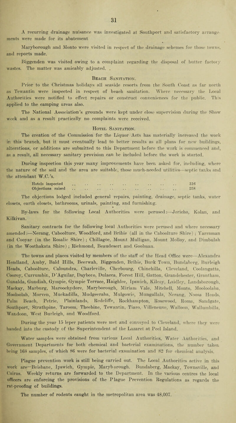 A recurring drainage nuisance was investigated at Southport and satisfactory arrange¬ ments were made for its abatement • Maryborough and Monto were visited in respect of the drainage schemes for those towns, and reports made. Biggenden was visited owing to a complaint regarding the disposal of butter factory wastes. The matter was amicably adjusted. . Beach Sanitation. Prior to the Christmas holidays all seaside resorts from the South Coast as far north as Tewantin were inspected in respect of beach sanitation. Where necessary the Local Authorities were notified to effect, repairs or construct conveniences for the public. This applied to the camping areas also. The National Association’s grounds were kept under close supervision during the Show week and as a result practically no complaints were received. Hotel Sanitation. The creation of the Commission for the Liquor Acts has materially increased the work in. this branch, but it must eventually lead to better results as all plans for new buildings, alterations, or additions are submitted to this Department before the work is commenced and, as a result, all necessary sanitary provision can be included before the work is started. During inspection this year many improvements have been asked for, including, where the nature of the soil and the area are suitable, those much-needed utilities—septic tanks and the attendant W.C.’s. Hotels inspected .. . . .. .. .. .. .. .. . . 316 Objections raised . . . . . . . . . . . . . . . . .. 258 The objections lodged included general repairs, painting, drainage, septic tanks, water closets, earth closets, bathrooms, urinals, painting, and furnishing. * By-laws for the following Local Authorities were perused:—Jericho, Kolan, and Kilkivan. Sanitary contracts for the following local Authorities were perused and where necessary amended:—Nerang, Caboolture, Woodford, and Bribie (all in the Caboolture Shire) ; Yarraman and Cooyar (in the Rosalie Shire) ; Chillagoe, Mount Mulligan, Mount Molloy, and Dimbulah (in the Woothakata Shire) ; Richmond, Beaudesert and. Goolman. The towns and places visited by members of the staff of the Head Office were—Alexandra Headland, Amby, Bald Hills, Beerwah, Biggenden, Bribie, Busk Town, Bundaberg, Burleigh Heads, Caboolture, Caloundra, Charleville, Cherbourg, Chinchilla, Cleveland, Coolangatta, Cooroy, Currumbin, D’Aguilar, Dayboro, Dulacca. Forest Hill, Gatton, Grandchester, Grantham, Gunalda, Gundiah, Gympie, Gympie Terrace, Haighlee, Ipswich, Kilcoy, Laidley, Landsborough, Mackay, Marburg, Maroochydore, Maryborough, Miriam Vale, Mitchell, Monto, Mooloolaba, Mooloolah, Morven, Muckadilla, Mudgeeraba, Mulgowie, Mungallala, Nerang, Noosa Heads, Palm Beach, Petrie, Plainlands, Redclifife, Rockhampton, Rosewood, Roma, Sandgate, Southport, Strathpine, Taroom, Theebine, Tewantin, Tiaro, Villeneuve, Walloon, Wallumbilla, Wandoon, West Burleigh, and Woodford. During the year 15 leper patients were met and conveyed to Cleveland, where they were handed into the custody of the Superintendent of the Lazaret at Peel Island. Water samples were obtained from various Local Authorities, Water Authorities, and Government Departments for both chemical and bacterial examinations, the number taken being 168 samples, of which 86 were for bacterial examination and 82 for chemical analysis. Plague prevention work is still being carried out. The Local Authorities active in this work are—Brisbane, Ipswich, Gympie, Maryborough. Bundaberg, Mackay, Townsville, and Cairns. Weekly returns are forwarded to the Department. In the various centres the local officers are enforcing the provisions of the Plague Prevention Regulations as regards the rat-proofing of buildings. The number of rodents caught in the metropolitan area was 48,007.
