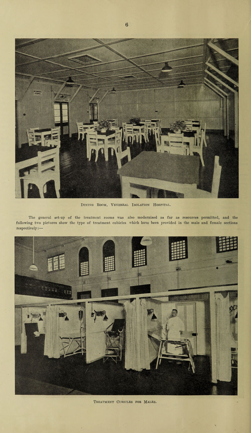 Dining Room, Venereal Isolation Hospital. The general set-up of the treatment rooms was also modernised as far as resources permitted, and the following two pictures show the type of treatment cubicles which have been provided in the male and female sections respectively:— Treatment Cubicles for Males.