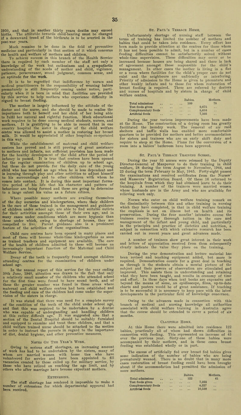 1950, and that in another thirty years deaths may exceed births. The attitutde towards child-bearing mast be changed if a downward trend of the birthrate is to be averted in the post-war years. Much remains to be done in the field of preventive medicine and particularly in that section of it which concerns the health and welfare of mothers and children. To achieve success in this branch of the Health Service there is required by each member of the staff not only a knowledge of the work but enthusiasm and a sympathetic understanding of the needs of mother and child, vigilance, patience, perseverance, sound judgment, common sense, and an aptitude for the work. It is to be regretted that indifference by nurses and medical practitioners to the responsibility of weaning babies prematurely is still frequently coming under notice, parti¬ cularly when it is born in mind that facilities are provided by this service to help mothers who experience difficulty in regard to breast feeding. The mother is largely influenced by the attitude of the doctor and the nurse, and she should be made to realise the importance both to herself and her child of her being able to fulfil her natural and rightful function. Much educational work requires to be done among medical students, nurses, and mothers. It is gratifying to be able to record that in one country hospital the sister in charge of the child welfare centre was allowed to assist a mother in restoring her breast milk. It would be appreciated if other hospitals co-operated in this way. While the establishment of maternal and child welfare centres has proved and is still proving of great assistance to mothers and infants, not sufficient provision has been made for the healthy development of the child after the period of infancy is passed. It is true that centres have been opened for the regular examination of children up to school age, but these do not provide for the daily care of the young child who has reached an age when he is less dependent and is learning through play and other activities to adjust himself to his surroundings and to other children with whom he comes into contact. It is during this* most important forma¬ tive period of his life that his character and pattern of behaviour are being formed and these are going to determine to a large extent his value as a future citizen. Where possible many mothers are availing themselves of the day nurseries and kindergartens, where their children in the care of those trained in the management and guidance of children under school age, are able to find suitable outlets for their activities amongst those of their own age, and in many cases under conditions which are more hygienic than those under which, owing to shortage of houses, they are compelled to live. Parent guidance also is a prominent feature of the activities of these organisations. Child care centres have been opene-d in many places and most of these will become whole-time kindergartens as soon as trained teachers and equipment are available. The care of the health of children admitted to these will become an increasingly important function of the Maternal and Child Welfare Service. Decay of the teeth is frequently found amongst children attending centres for the examination of children under school age. In the annual report of this service for the year ending 30th June, 1940, attention was drawn to the fact that only a relatively small number of the children who attended school for the first time were found to have sound teeth, and of these the greater number was found in those areas where maternal and child welfare centres had been established and the feeding and care of the children had come under the super¬ vision of the sisters in charge. It was stated that there was need for a complete survey of the condition of the teeth of the child under school age, and that this was required to be undertaken by a dentist who was capable of understanding and handling children at this rather difficult age.* It was suggested also that a section of the Dental Hospital should be suitably furnished and equipped to examine and treat these children, and that a child welfare trained nurse should be attached to the section in order to instruct the parents in regard to the importance of diet, dental hygiene, and other preventive measures. Notes On The Year’s Work. Owing to serious staff shortages, an increasing amount of work has had to be undertaken by the sisters, many of whom are married women with home ties who have volunteered for service and have been appointed to fill vacancies created by those called up for military service, by those who have retired on reaching the age limit, and by others who after marriage have become expectant mothers. Extensions. The staff shortage has rendered it impossible to make a number of extensions for which departmental approval had been received. St. Paul’s Terrace Home. Unfortunately shortage of nursing staff between the terms of training has limited the number of mothers and babies that could be taken into residence. Every effort has been made to provide attention at the centres for those whom it has not been possible to admit, but in a number of cases feeding difficulties cannot be satisfactorily solved without whole-time supervision. These difficulties may occur or be increased because houses are being shared and there is lack of agreement amongst those responsible for the child’s managament. In other cases the mother is living in a flat or a room where facilities for the child’s proper care do not exist and the neighbours are unfriendly or interfering. Priority of admission to the Home is given to premature and other weakly infants and to those for whom restoration of breast feeding is required. These are referred by doctors and nurses of hospitals and by sisters in charge of child welfare centres. Babies. Mothers. Total admissions .. .. .. 109 78 Test feeds given . 9,675 Complementary feeds .. .. .. 5,616 Artificial feeds . 7,503 During the year various improvements have been made at the Home. The construction of a drying room has greatly facilitated the laundry work. The removal of air raid shelters and baffle walls has enabled more comfortable quarters to be provided for mothers and better accommodation for sisters and trainees who are on early shift duty and require to sleep at the Home. Plans for the conversion of a room into a babies’ bathroom have been approved. St. Paul’s Terrace Training School. During the year 53 nurses were released by the Deputy Director-General of Manpower to do their training in child welfare, 28 during the term August to November, 1944, and 25 during the term February to May, 1945. Forty-eight passed the examinations and received certificates from the Nurses’ and Masseurs’ Registration Board. Of these 16 returned to the hospitals from which they had obtained leave to do their training. A number of the trainees were married women whose husbands are in the Army and who are available for relieving work only. Nurses who enter on child welfare training remark on the dissimilarity between this and other training in nursing which they have completed, in that in child welfare training the emphasis is not on illness but on health and its preservation. During the four months’ intensive course the trainees receive very thorough tuition in the care and management of the infant and young child, and particularly in the principles and practice of dietetics and nutrition, a subject in connection with which extensive research has been carried out in recent years and great advances made. A number of trainees show great interest in their work and letters of appreciation received from them subsequently clearly indicate the Value they place on the training. During the year demonstration and lecture material has been revised and teaching equipment added, but more is required. Demonstration counts for a great deal in teaching as through it the students obtain a mental picture of the subject and their powers of observation are stimulated and improved. This assists them in understanding and retaining what they have been taught, and results in economy of time and effort. In these days when text books are expensive and beyond the means of some, an epidiascope, films, up-to-date charts and posters would be of great assistance. If teaching is to be successful it is necessary to keep pace with the latest developments in the particular field of knowledge concerned. Owing to the advances made in connection with this branch of medical and nursing knowledge all authorities associated with child welfare training in Australia agree that the course should be extended to cover a period of six months. Clayfield Home. At this Home there were admitted into residence 122 babies, practically all of whom had shown difficulties in connection with feeding. This represented an increase of 43 over the previous year. Sixty-one of these babies were accompanied by their mothers, and in these cases breast feeding was established wholly or in part. The excess of artificially fed over breast fed babies gives some indication of the number of babies who are being prematurely weaned. There is no doubt that in many more cases restoration of breast feeding could have been brought about if the accommodation had permitted the admission of more mothers. Babies. Mothers. Total admissions 122 61 Test feeds given • . . . 7,222 Complementary feeds . . 4,227 Artificial feeds . . 10,538