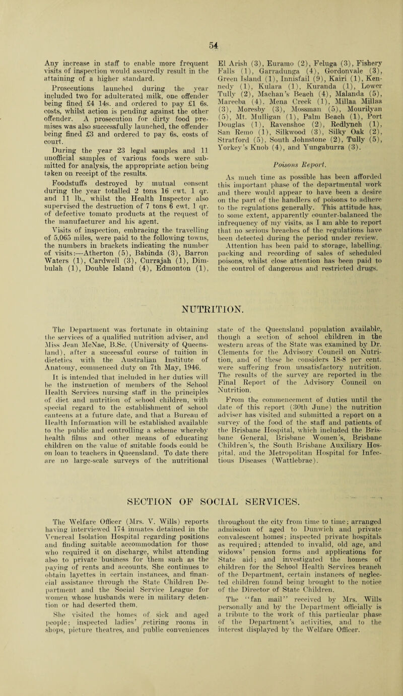 Any increase in staff to enable more frequent visits of inspection would assuredly result in the attaining of a higher standard. Prosecutions launched during the year included two for adulterated milk, one offender being fined £4 14s. and ordered to pay £1 6s. costs, whilst action is pending against the other offender. A prosecution for dirty food pre¬ mises was also successfully launched, the offender being fined £3 and ordered to pay 6s. costs of court. During the year 23 legal samples and 11 unofficial samples of various foods were sub¬ mitted for analysis, the appropriate action being taken on receipt of the results. Foodstuffs destroyed by mutual consent during the year totalled 2 tons 16 cwt. 1 qr. and 11 lb., whilst thq Health Inspector also supervised the destruction of 7 tons 6 cwt. 1 qr. of defective tomato products at the request of the manufacturer and his agent. Visits of inspection, embracing the travelling of 5,065 miles, were paid to the following towns, the numbers in brackets indicating the number of visits:—Atherton (5), Babinda (3), Barron Waters (1), Cardwell (3), Currajah (1), Dim- bulah (1), Double Island (4), Edmonton (1), El Arish (3), Euramo (2), Feluga (3), Fishery Falls (1), Garradunga (4), Gordonvale (3), Green Island (1), Innisfail (9), Kairi (1), Ken¬ nedy (1), Kulara (1), Kuranda (1), Lower Tully (2), Machan’s' Beach (4), Malanda (5), Mareeba (4), Mena Creek (1), Millaa Millaa (3), Moresby (3), Mossman (5), Mourilyan (5), Mt. Mulligan (1), Palm Beach (1), Port Douglas (1), Ravenshoe (2), Redlynch (1), San Remo (1), Silkwood (3), Silky Oak (2), Stratford (5), South Johnstone (2), Tully (5), Yorkey’s Knob (4), and Yungaburra (3). Poisons Report. As much time as possible has been afforded this important phase of the departmental work and there would appear to have been a desire on the part of the handlers of poisons to adhere to the regulations generally. This attitude has, to some extent, apparently counter-balanced the infrequency of my visits, as I am able to report that no serious breaches of the regulations have been detected during the period under review. Attention has been paid to storage, labelling, packing and recording of sales of scheduled poisons, whilst close attention has been paid to the control of dangerous and restricted drugs. NUTRITION. The Department was fortunate in obtaining the services of a qualified nutrition adviser, and Miss Jean McNae, B.Sc. (University of Queens¬ land), after a successful course of tuition in dietetics with the Australian Institute of Anatomy, commenced duty on 7th May, 1946. It is intended that included in her duties will be the instruction of members of the School Health Services nursing staff in the principles of diet and nutrition of school children, with special regard to the establishment of school canteens at a future date, and that a Bureau of Health Information will be established available to the public and controlling a scheme whereby health films and other means of educating children on the value of suitable foods could be on loan to teachers in Queensland. To date there are no large-scale surveys of the nutritional state of the Queensland population available, though a section of school children in the western areas of the State was examined by Dr. Clements for the Advisory Council on Nutri¬ tion, and of these he considers 18-8 per cent, were suffering from unsatisfactory nutrition. The results of the survey are reported in the Final Report of the Advisory Council on Nutrition. From the commencement of duties until the date of this report (30th June) the nutrition adviser has visited and submitted a report on a survey of the food of the staff and patients of the Brisbane Hospital, which included the Bris¬ bane General, Brisbane Women’s, Brisbane Children’s, the South Brisbane Auxiliary Hos¬ pital, and the Metropolitan Hospital for Infec¬ tious Diseases (Wattl-ebrae). SECTION OF SOCIAL SERVICES. The Welfare Officer (Mrs. V. Wills) reports having interviewed 174 inmates detained in the Venereal Isolation Hospital regarding positions and finding suitable accommodation for those who required it on discharge, whilst attending also to private business for 'them such as the paying of rents and accounts. She continues to obtain layettes in certain instances, and finan¬ cial assistance through the State Children De¬ partment and the Social Service League for women whose husbands were in military deten¬ tion or had deserted them. She visited the homes of sick and aged people; inspected ladies’ retiring rooms in shops, picture theatres, and public conveniences throughout the city from time to time; arranged admission of aged to Dunwich and private convalescent homes'; inspected private hospitals as required; attended to invalid, old age, and widows’ pension forms and applications for State aid; and investigated the homes of children for the School Health Services branch of the Department, certain instances of neglec¬ ted children found being brought to the notice of the Director of State Children. The “fan mail” received by Mrs. Wills personally and by the Department officially is a tribute to the work of this particular phase of the Department’s activities, and to the interest displayed by the Welfare Officer.